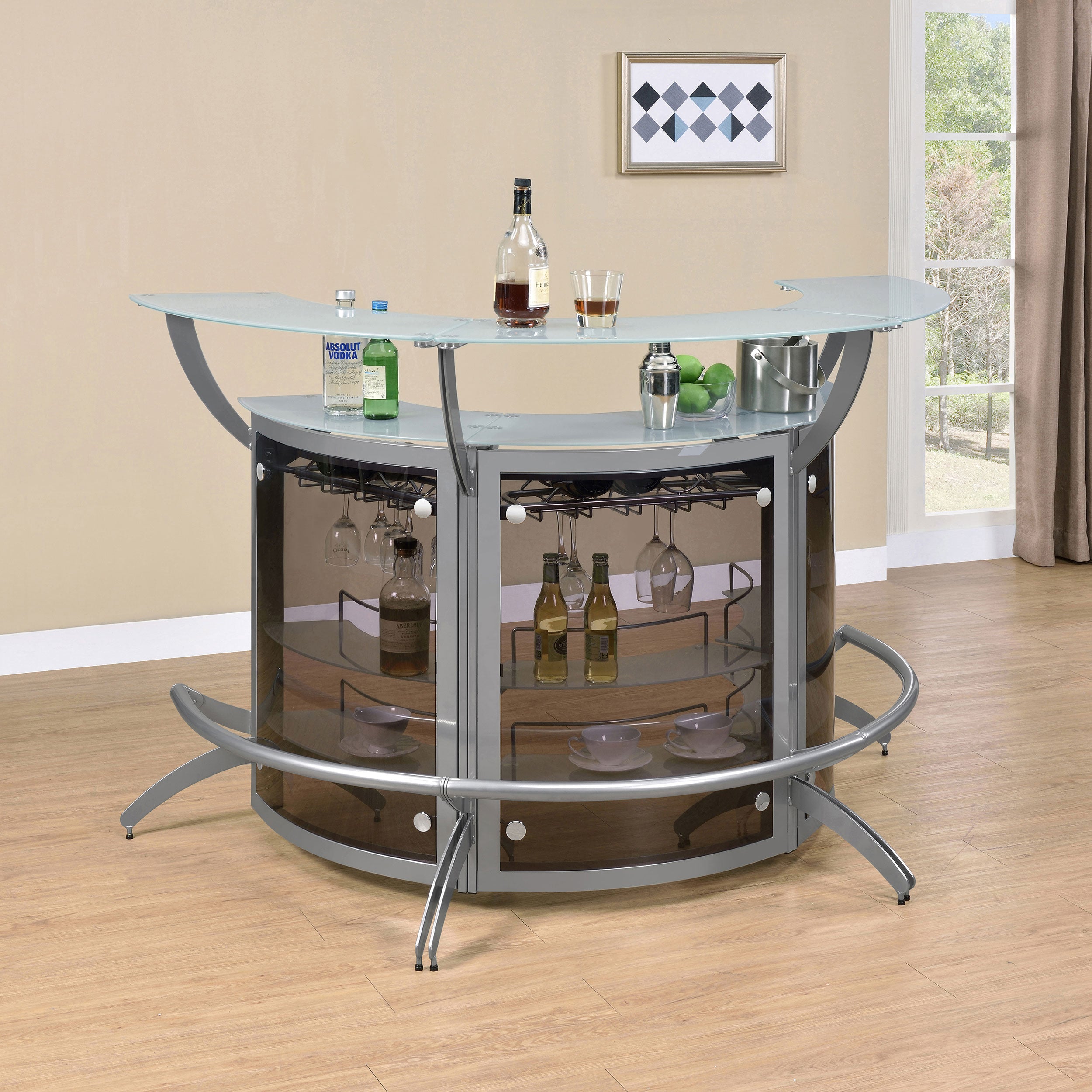 Best Furniture Outlet - Coaster - Dallas 3-piece Curved Freestanding Home Bar Cabinet Silver - 100135-S3
