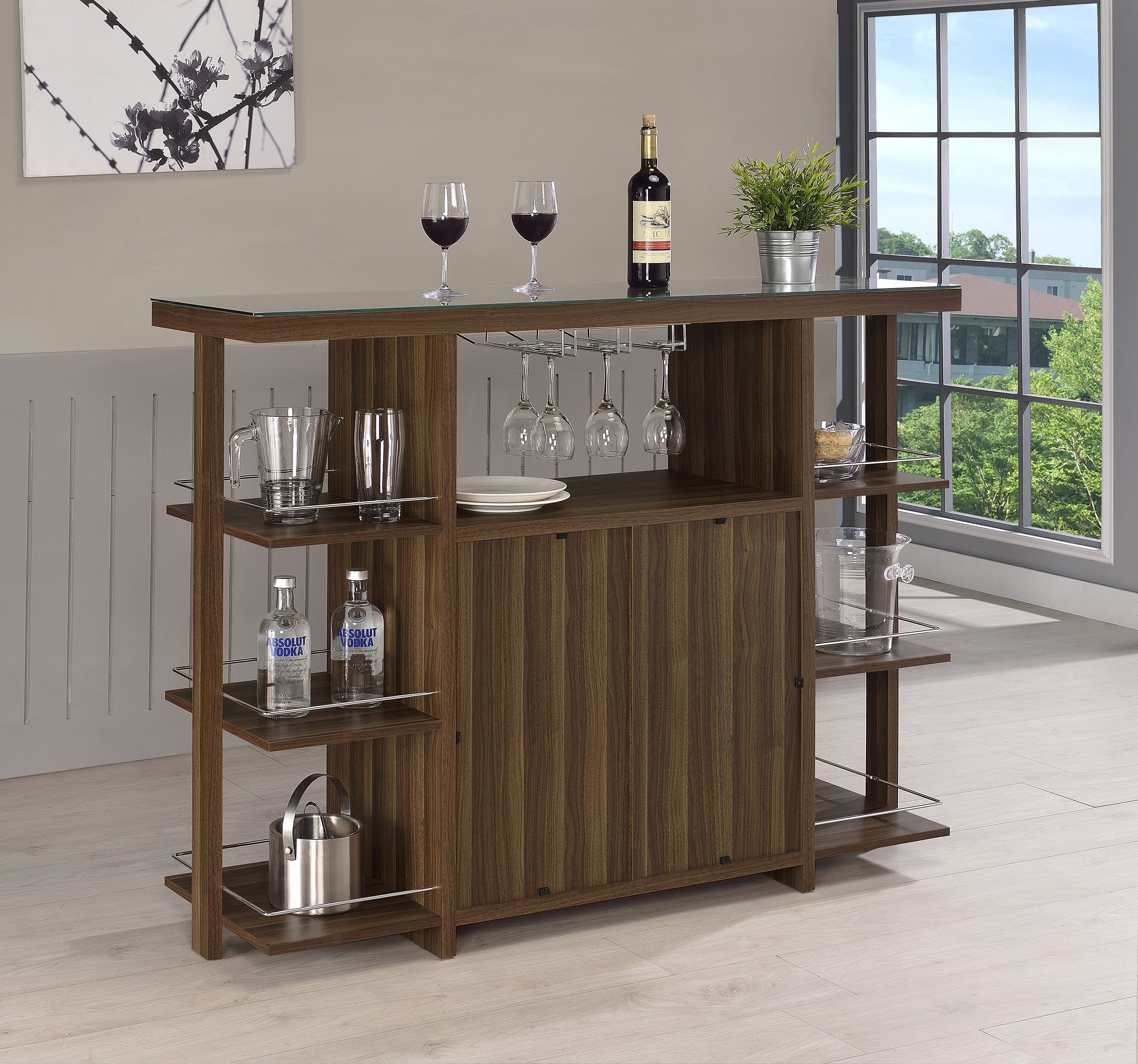 Best Furniture Outlet - Coaster - Evelio 6-shelf Glass Top Home Bar Wine Cabinet Walnut - 100439