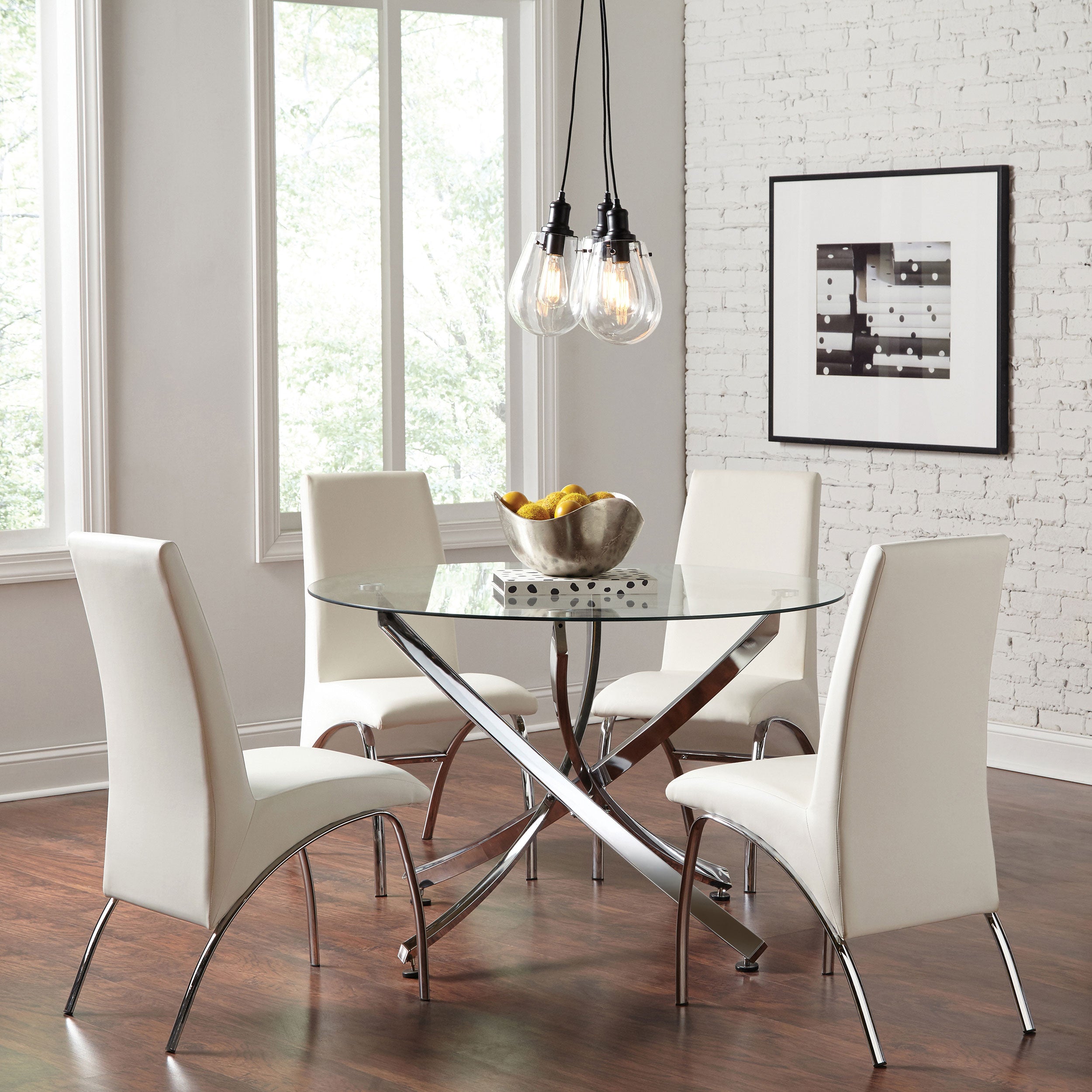 Best Furniture Outlet - Coaster - Beckham 5-piece Round Glass Top Dining Set Chrome and White - 106440-S5