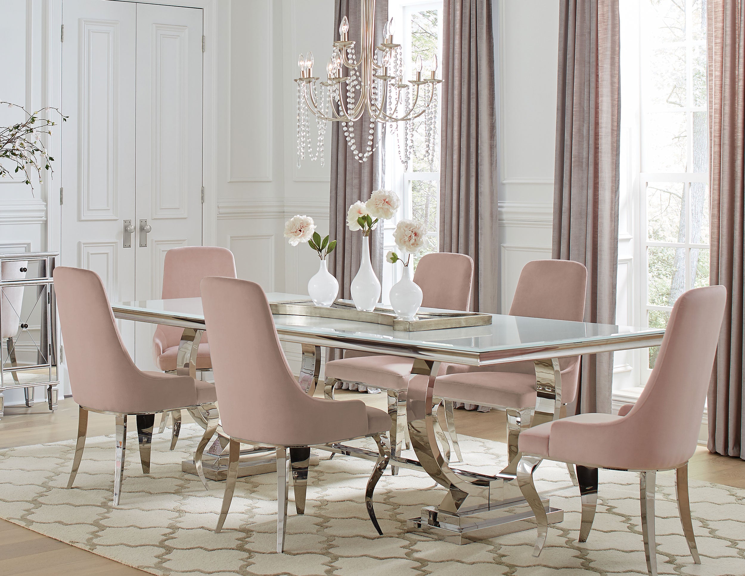 Best Furniture Outlet - Coaster - Antoine 7-piece Rectangular Glass Top Dining Table Set Pink - 108811-S7P