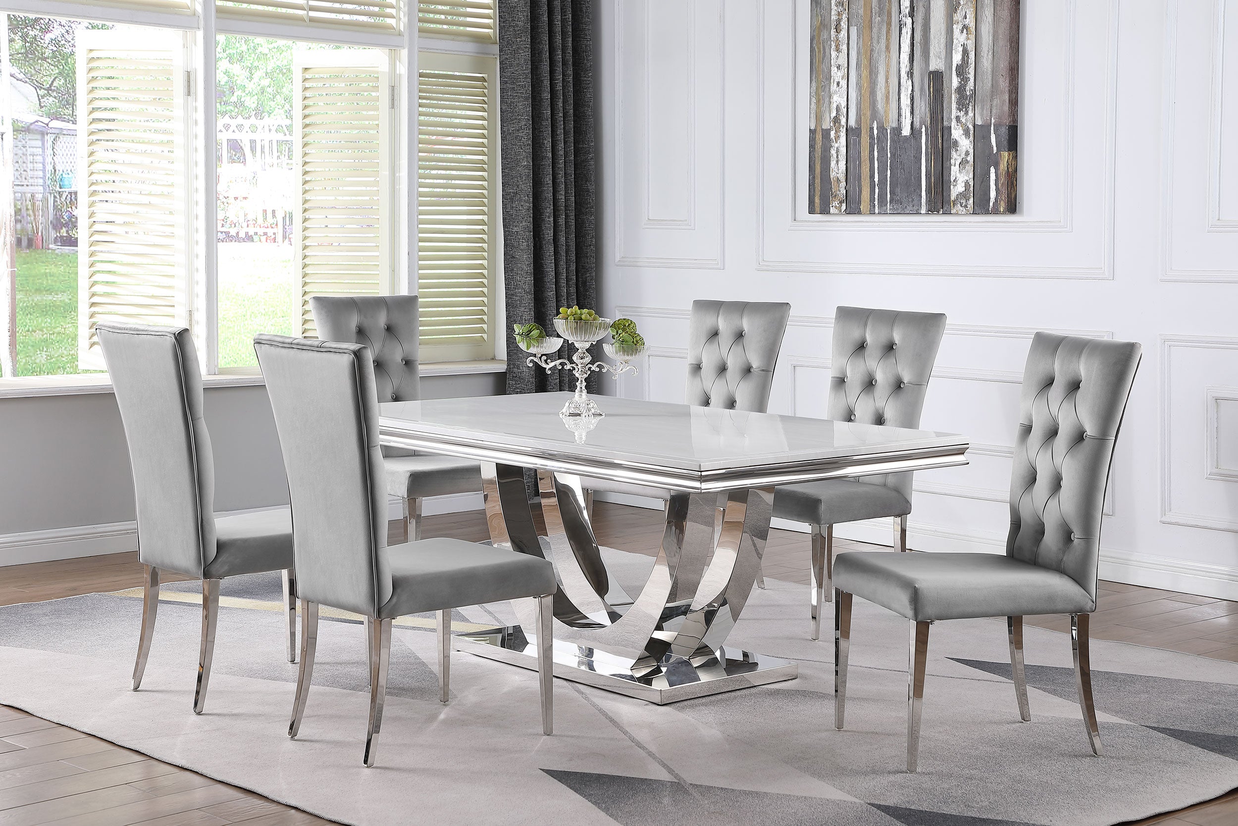 Best Furniture Outlet - Coaster - Kerwin 7-piece Rectangular Dining Table Set Grey and Chrome - 111101-S7G