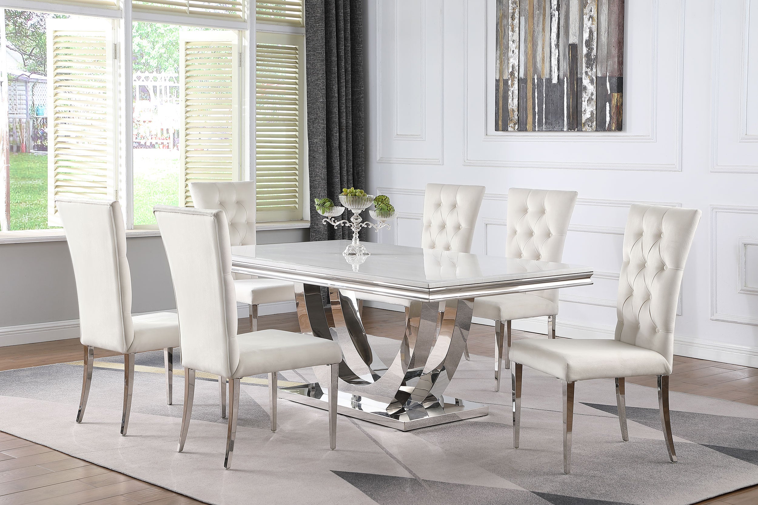 Best Furniture Outlet - Coaster - Kerwin 7-piece Rectangular Dining Table Set White and Chrome - 111101-S7W