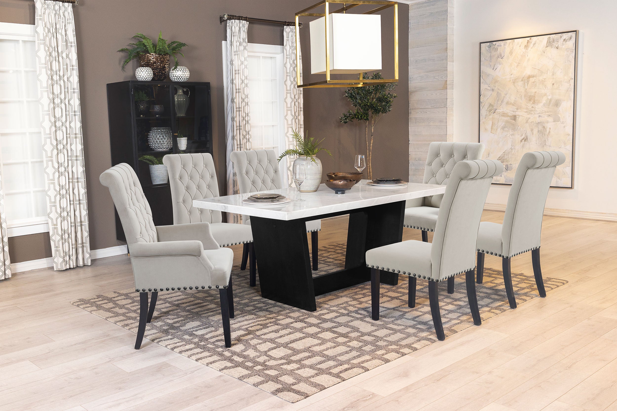Best Furniture Outlet - Coaster - Sherry 7-piece Rectangular Marble Top Dining Table Set Sand - 115511-S7S