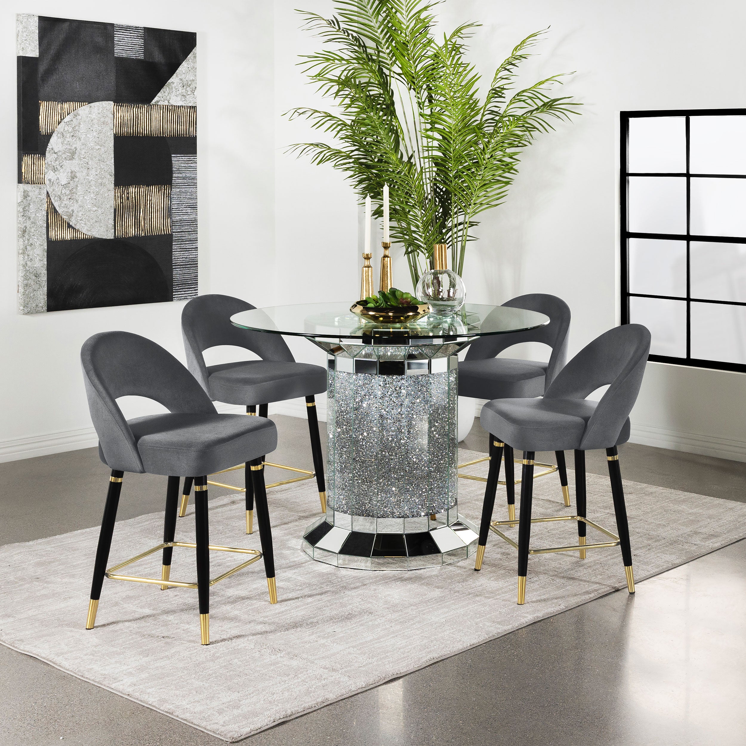 Best Furniture Outlet - Coaster - Ellie 5-piece Mirrored Counter Height Dining Table Set Grey - 115558-S5G