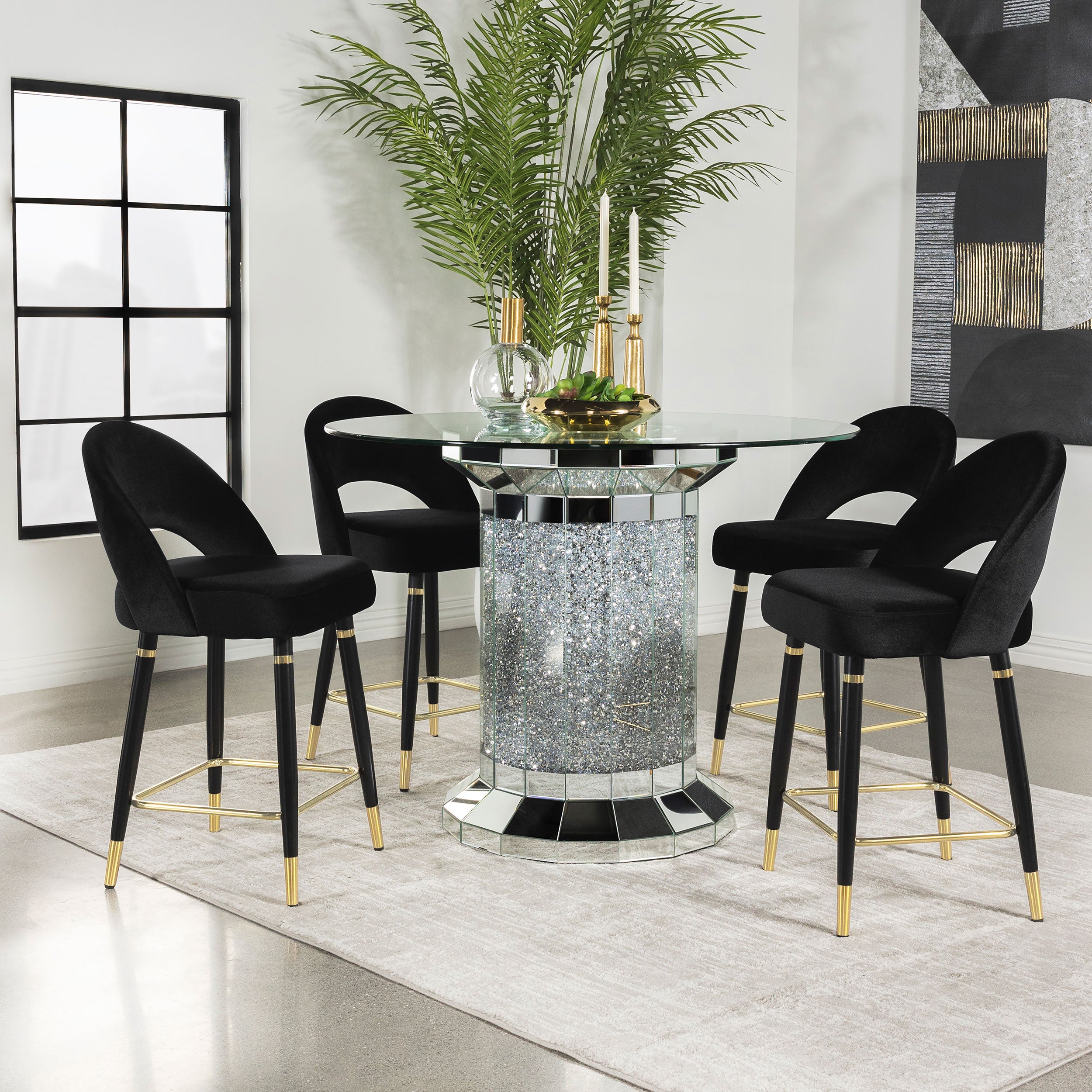 Best Furniture Outlet - Coaster - Ellie 5-piece Mirrored Counter Height Dining Table Set Black - 115558-S5