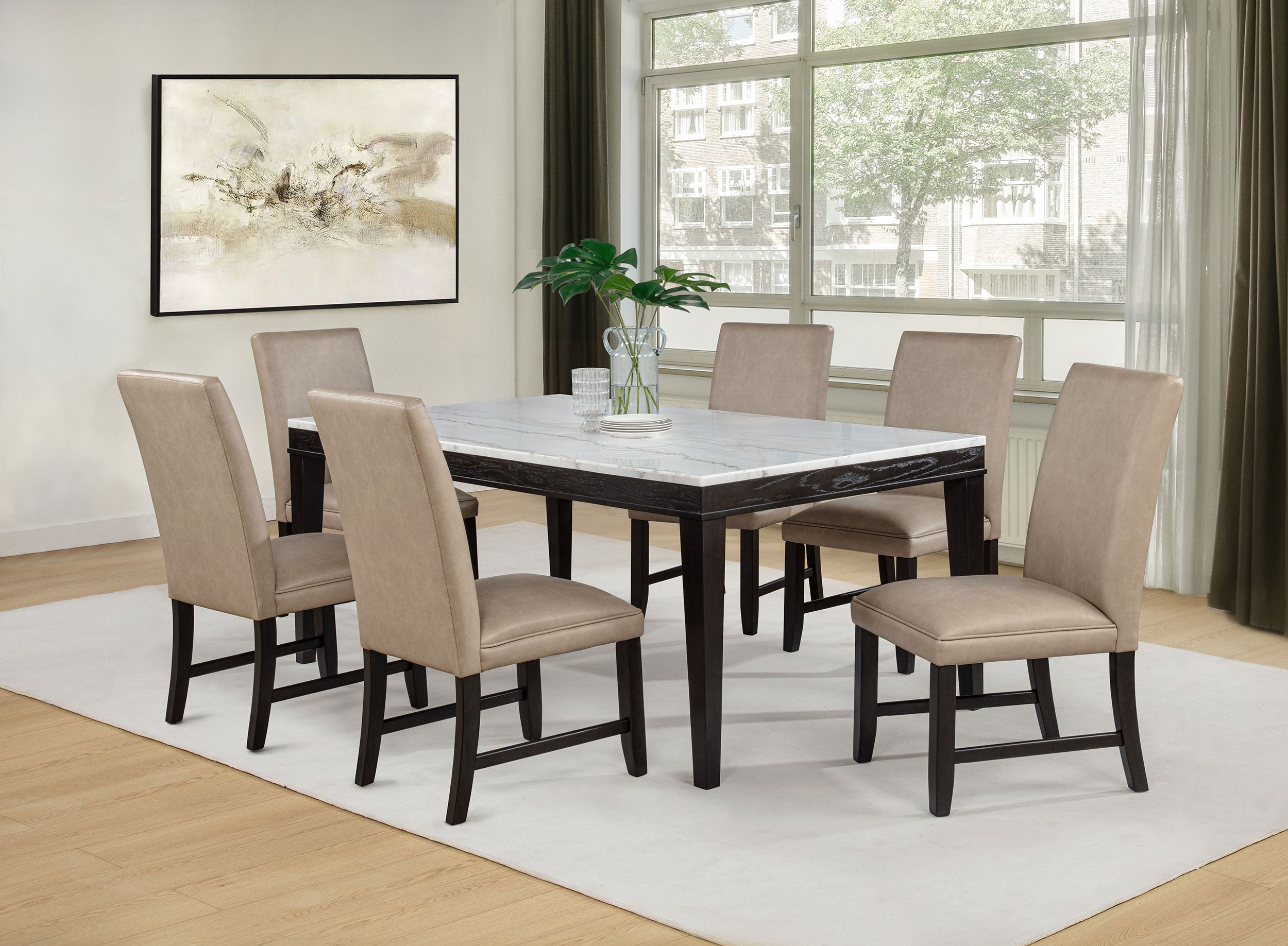 Best Furniture Outlet - Coaster - Averill 7-piece White Marble Top Dining Set Tan and Coffee Bean - 121291-S7T