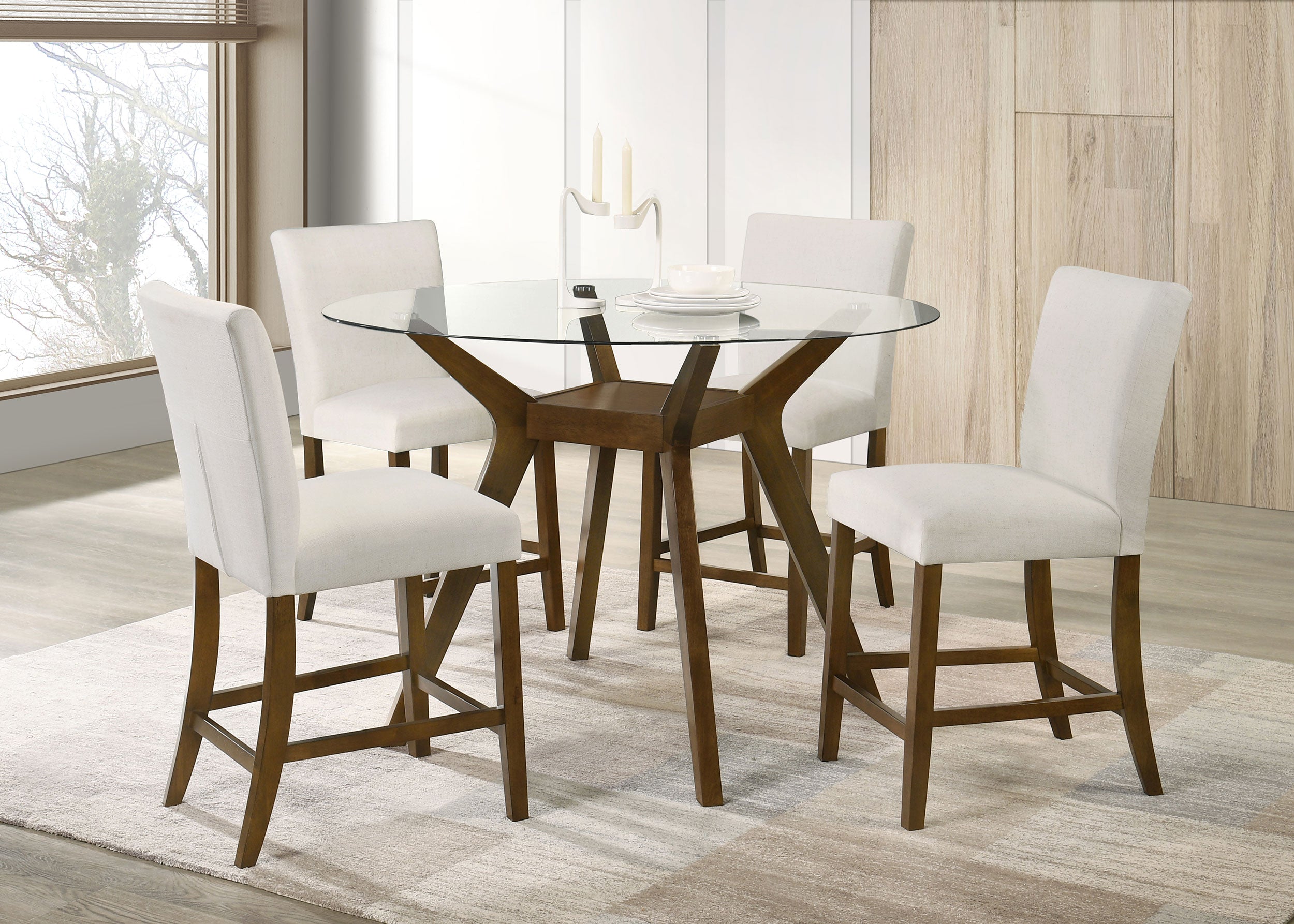 Best Furniture Outlet - Coaster - Paxton 5-piece Round Glass Top Counter Height Dining Set Beige - 122178-S5BGE