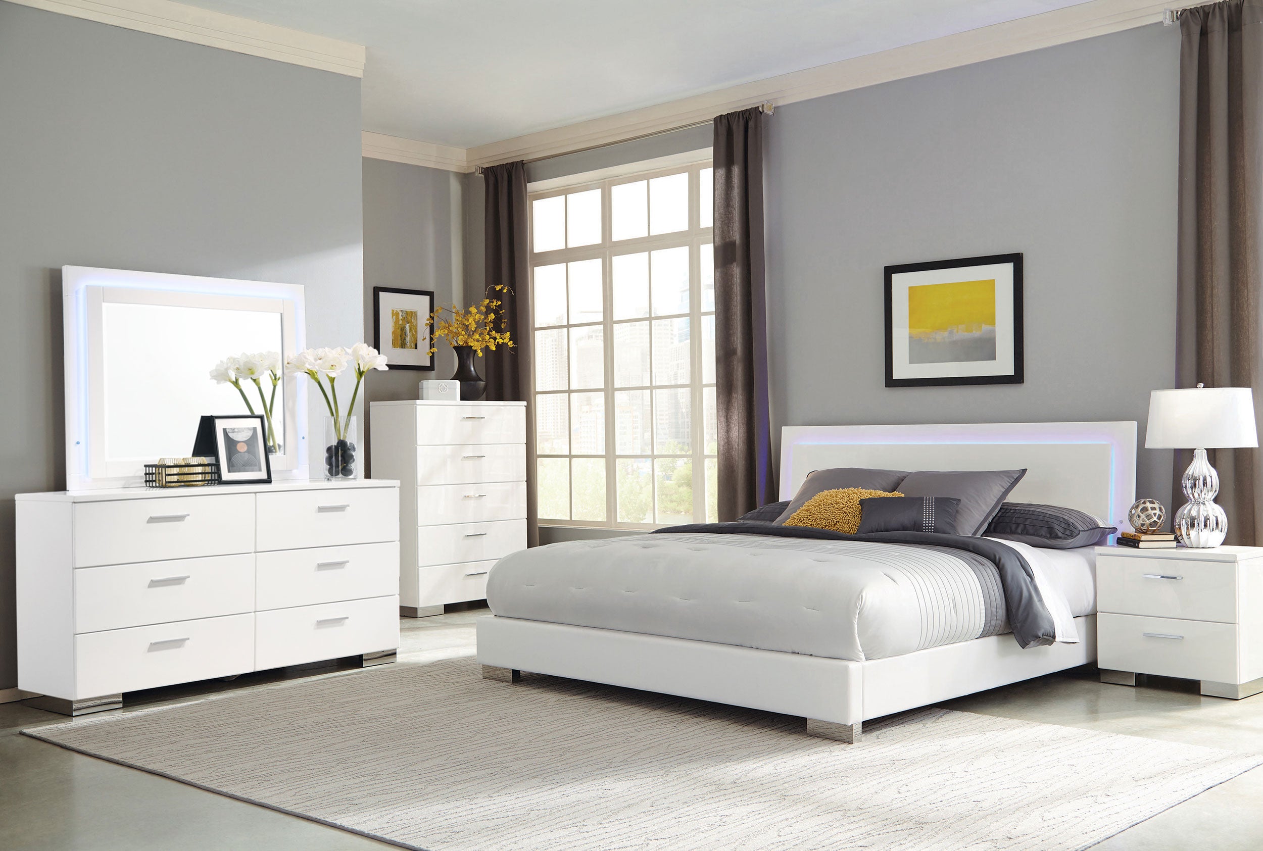 Best Furniture Outlet - Coaster - Felicity 5-piece Eastern King Bedroom Set White High Gloss - 203500KE-S5L