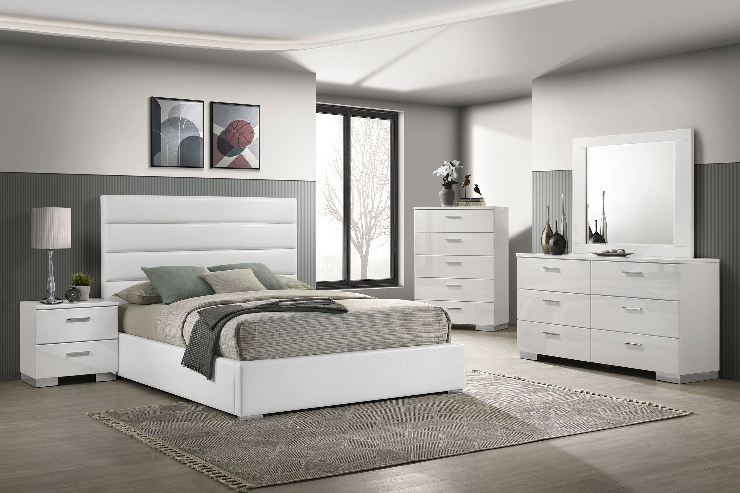 Best Furniture Outlet - Coaster - Felicity 5-piece Eastern King Bedroom Set White High Gloss - 203511KE-S5