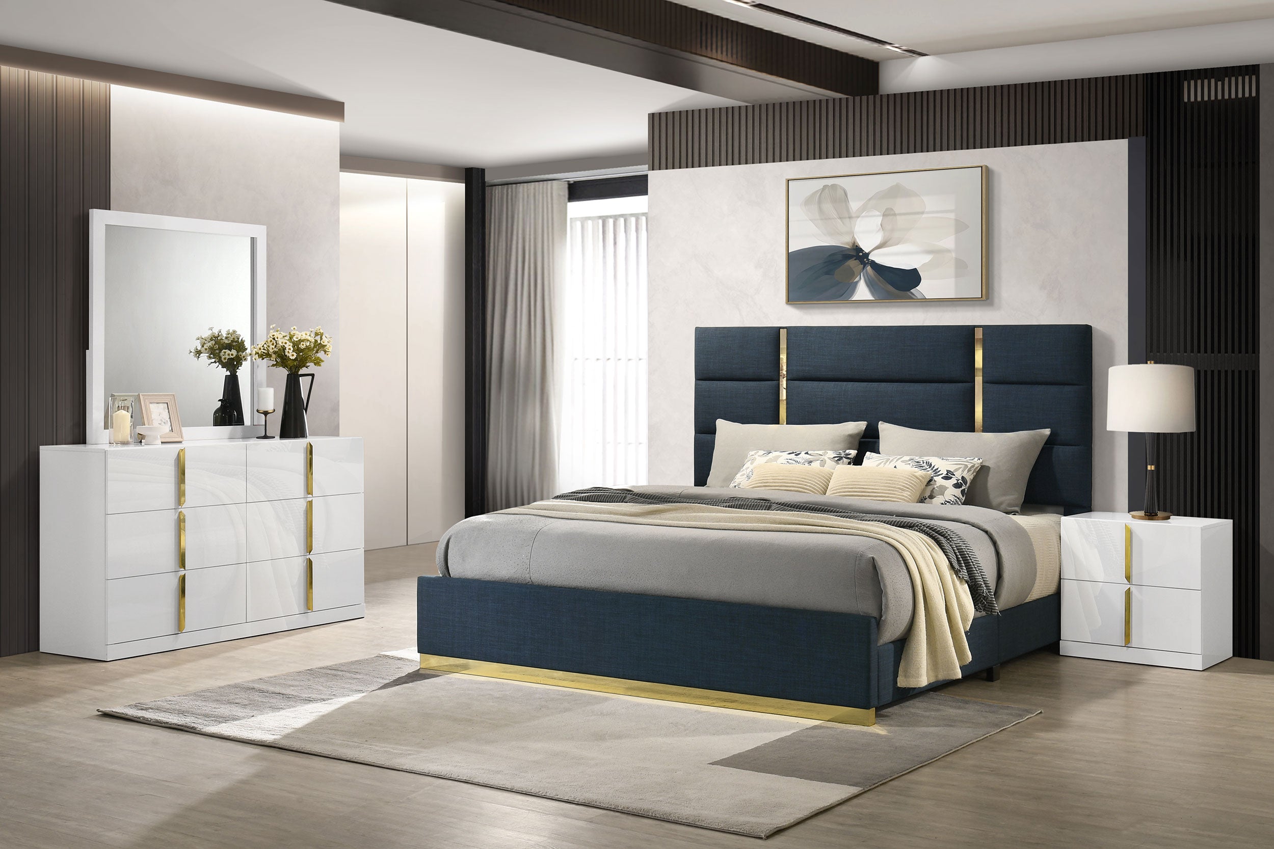 Best Furniture Outlet - Coaster - Ines 4-piece Eastern King Bedroom Set Navy and White High Gloss - 223091NVYKE-S4