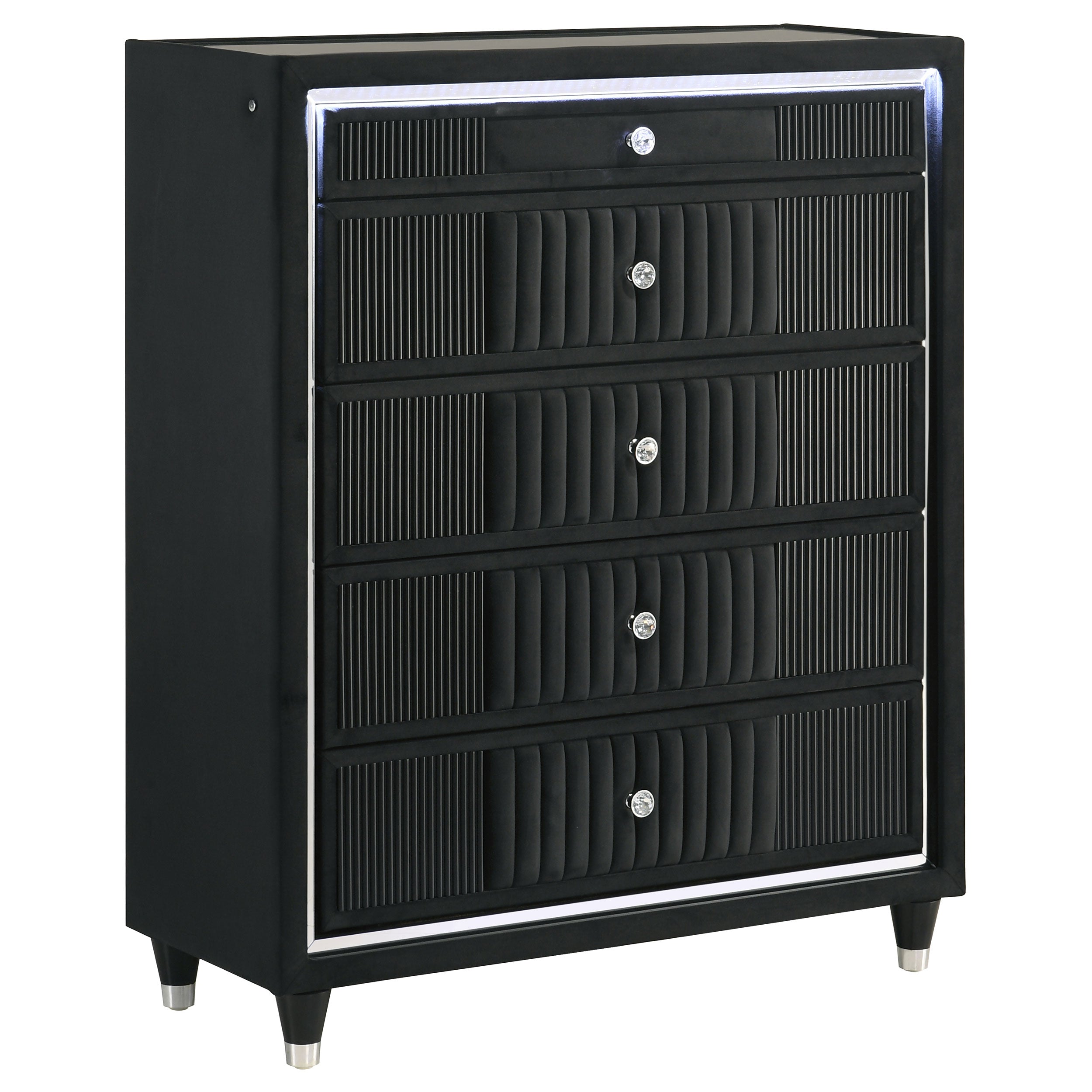 Best Furniture Outlet - Coaster - Ravenne 5-drawer Velvet Upholstered LED Chest of Drawers Black - 223195