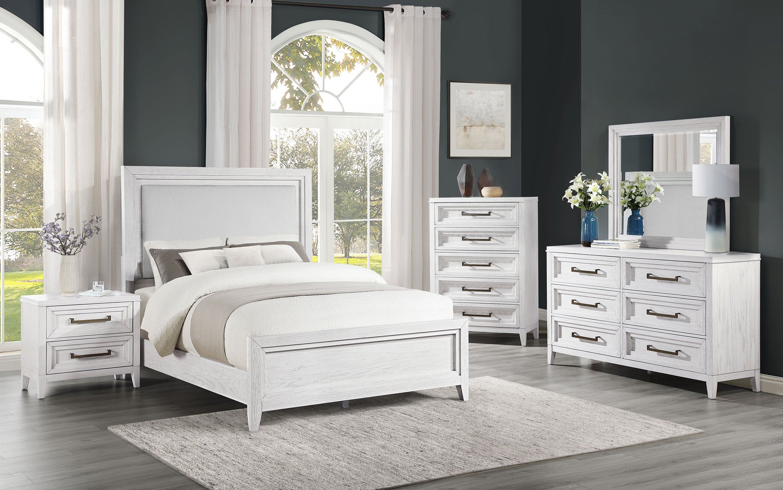 Best Furniture Outlet - Coaster - Marielle 5-piece Cal King Bedroom Set Distressed White - 224841KW-S5