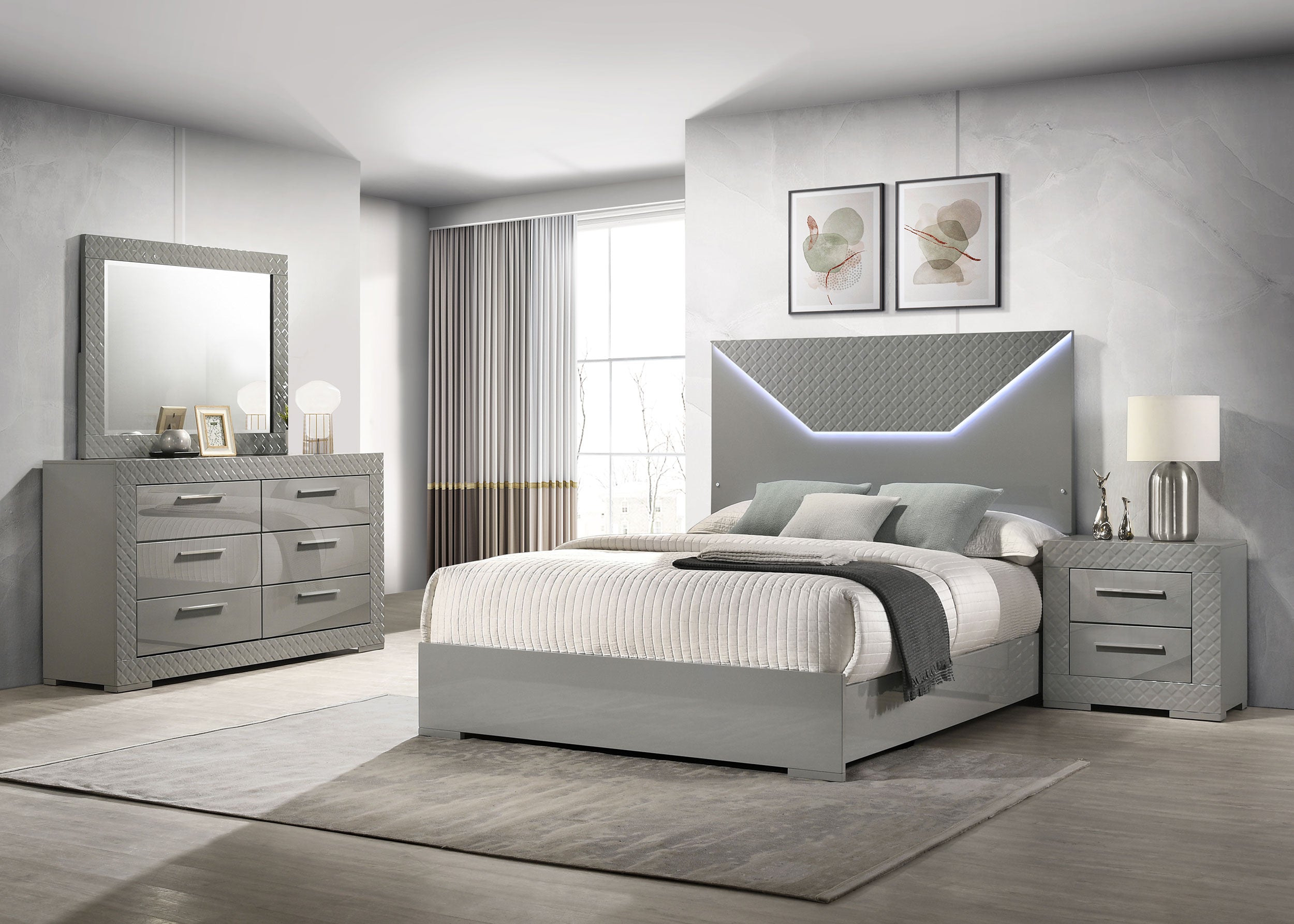 Best Furniture Outlet - Coaster - Ives 4-piece Eastern King Bedroom Set Grey High Gloss - 224971KE-S4