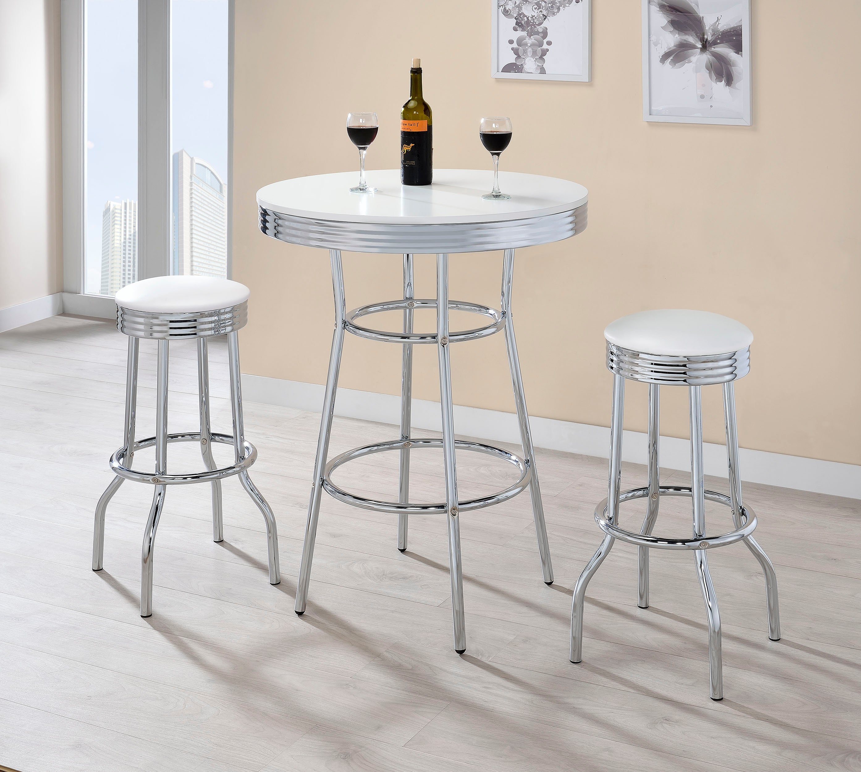 Best Furniture Outlet - Coaster - Retro 3-piece Round 1950s Bistro Pub Bar Table Set White - 2300-S3