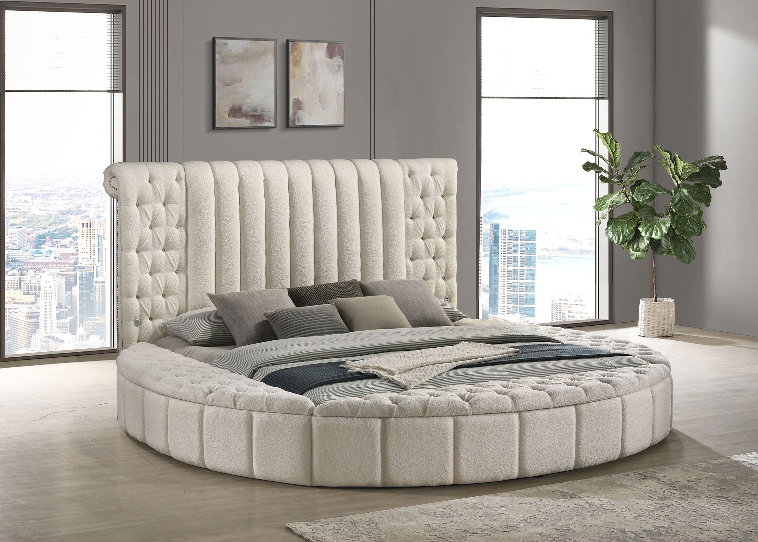Best Furniture Outlet - Coaster - Sonya Upholstered Eastern King Round Storage Bed Ivory - 360111KE