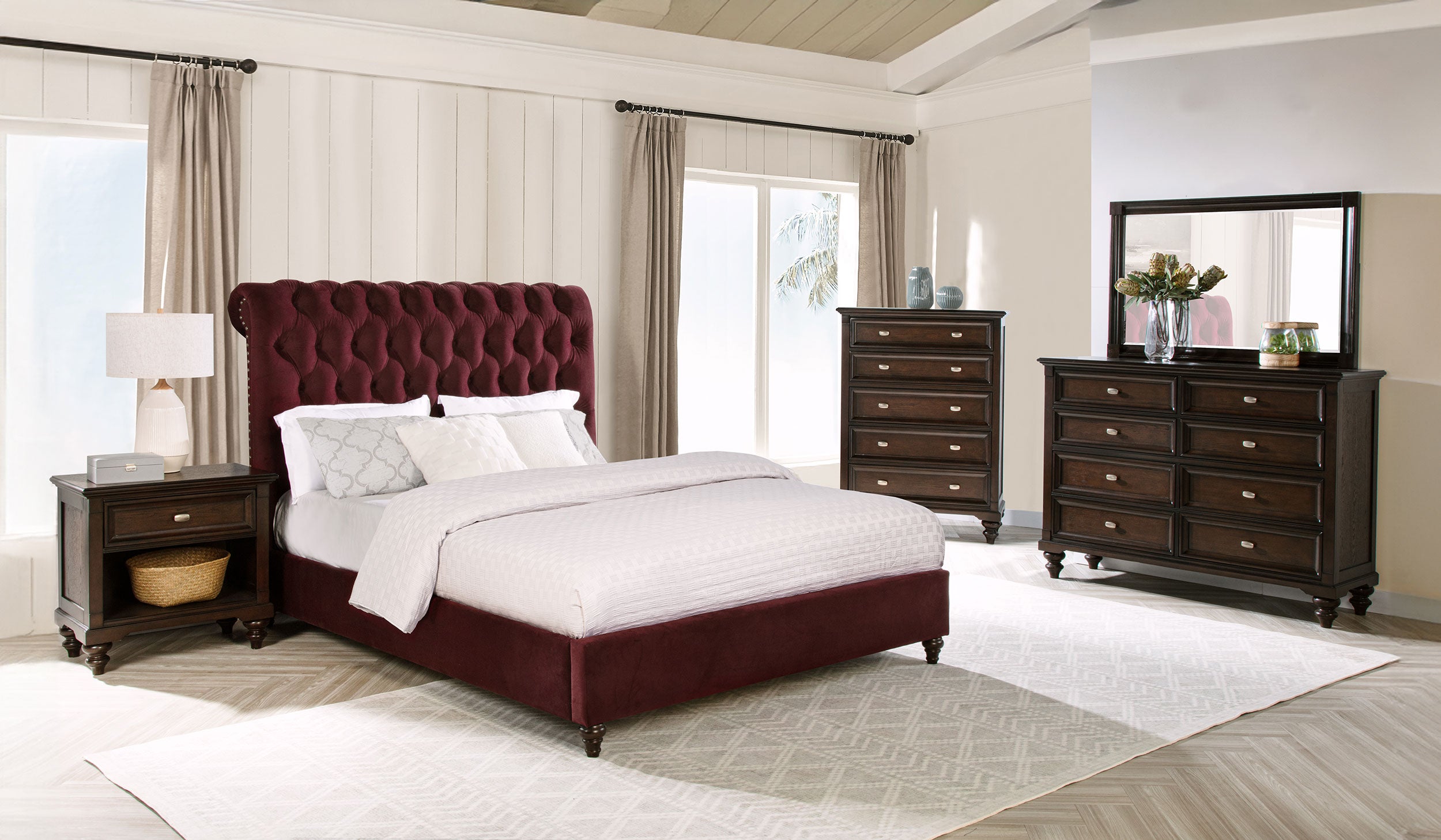 Best Furniture Outlet - Coaster - Devon 4-piece Full Bedroom Set Wine Red and Dark Oak - 360341F-S5