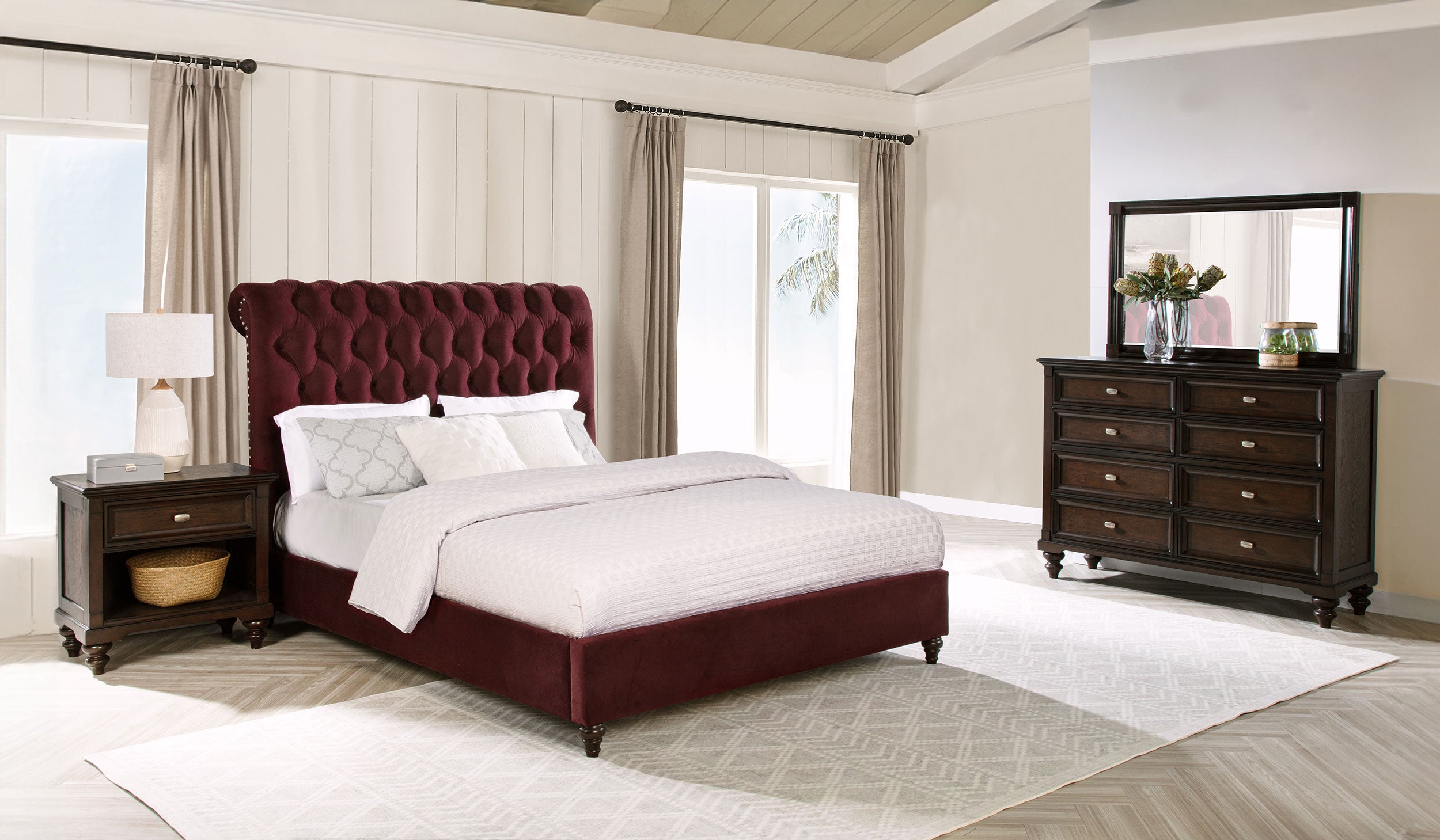 Best Furniture Outlet - Coaster - Devon 4-piece Eastern King Bedroom Set Wine Red and Dark Oak - 360341KE-S4