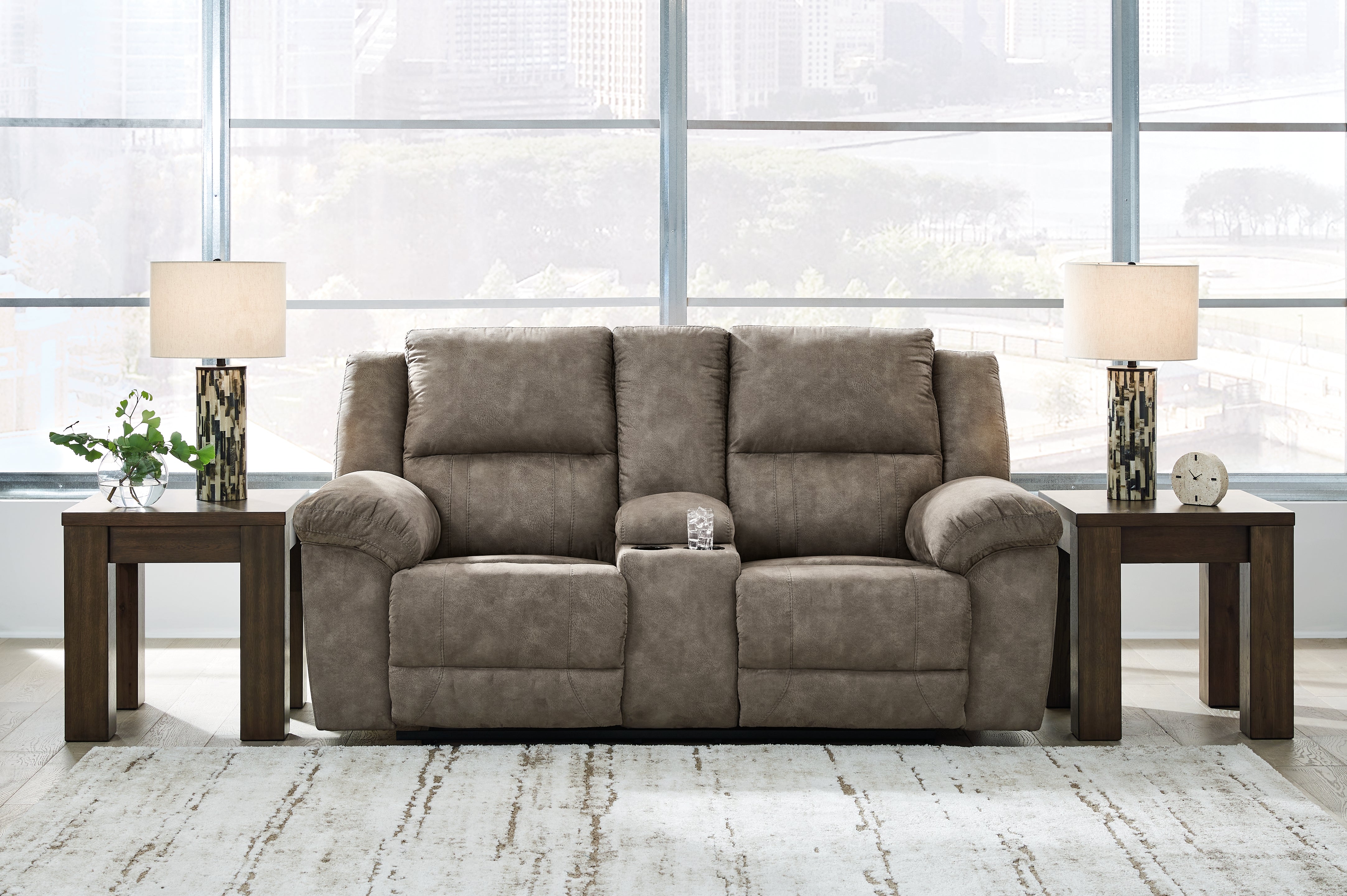 Best Furniture Outlet - Ashley Furniture - Laresview Living Room - DBL Rec Loveseat w/Console / Fossil - 3720394