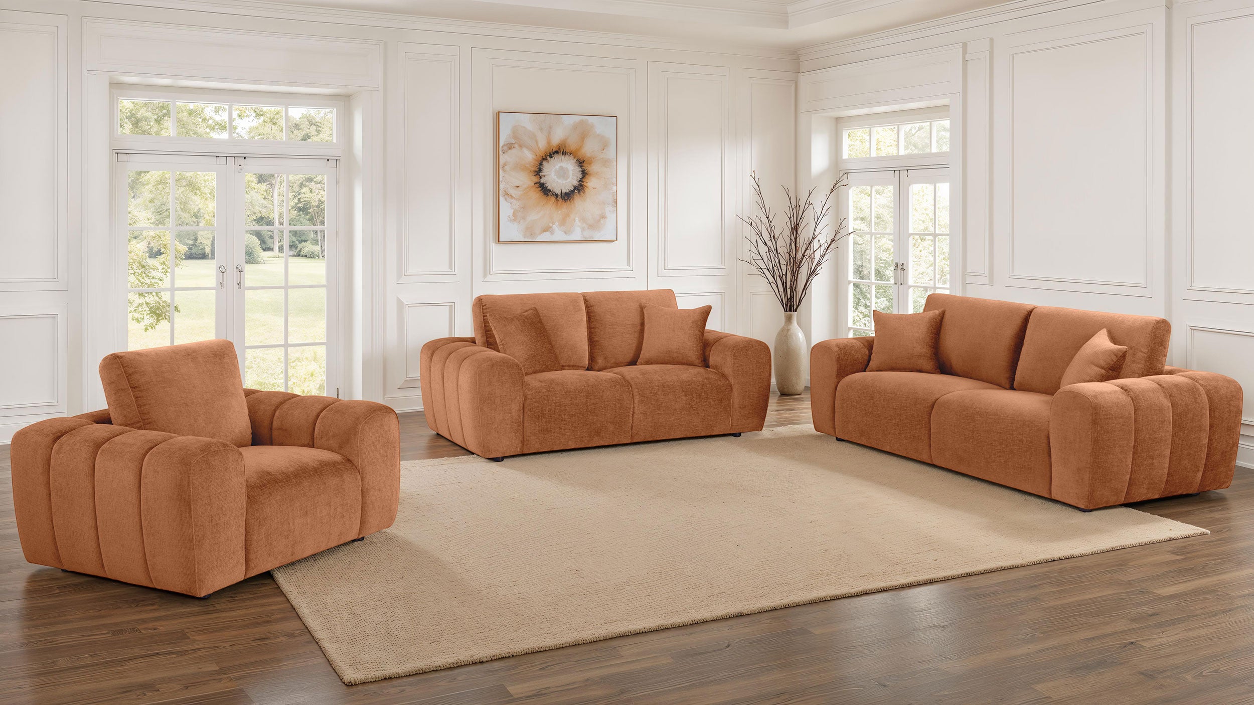 Best Furniture Outlet - Coaster - Burnett 3-piece Chenille Upholstered Sofa Set Burnt Orange - 504951-S3
