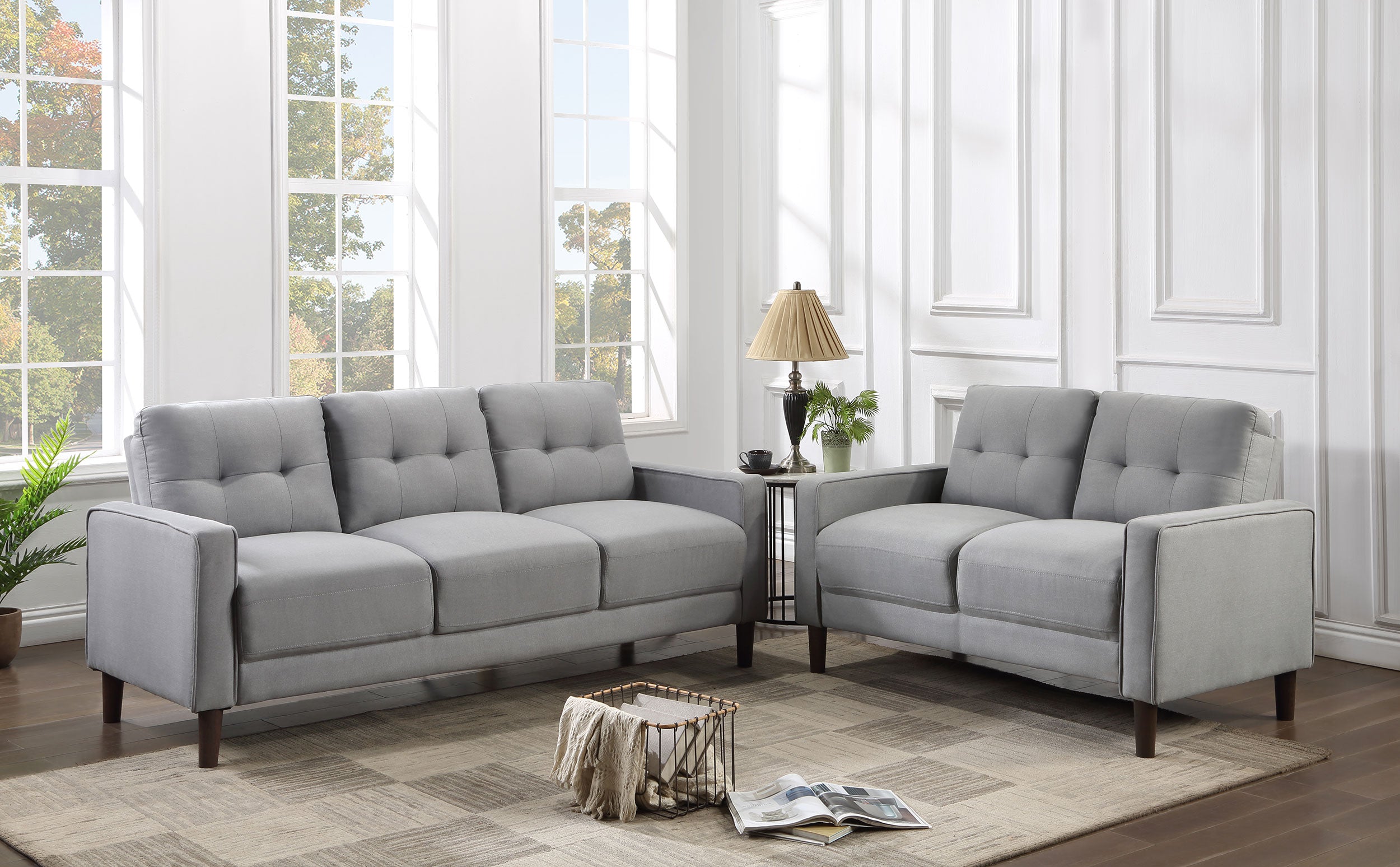 Best Furniture Outlet - Coaster - Bowen 2-piece Upholstered Track Arm Tufted Sofa Set Grey - 506781-S2
