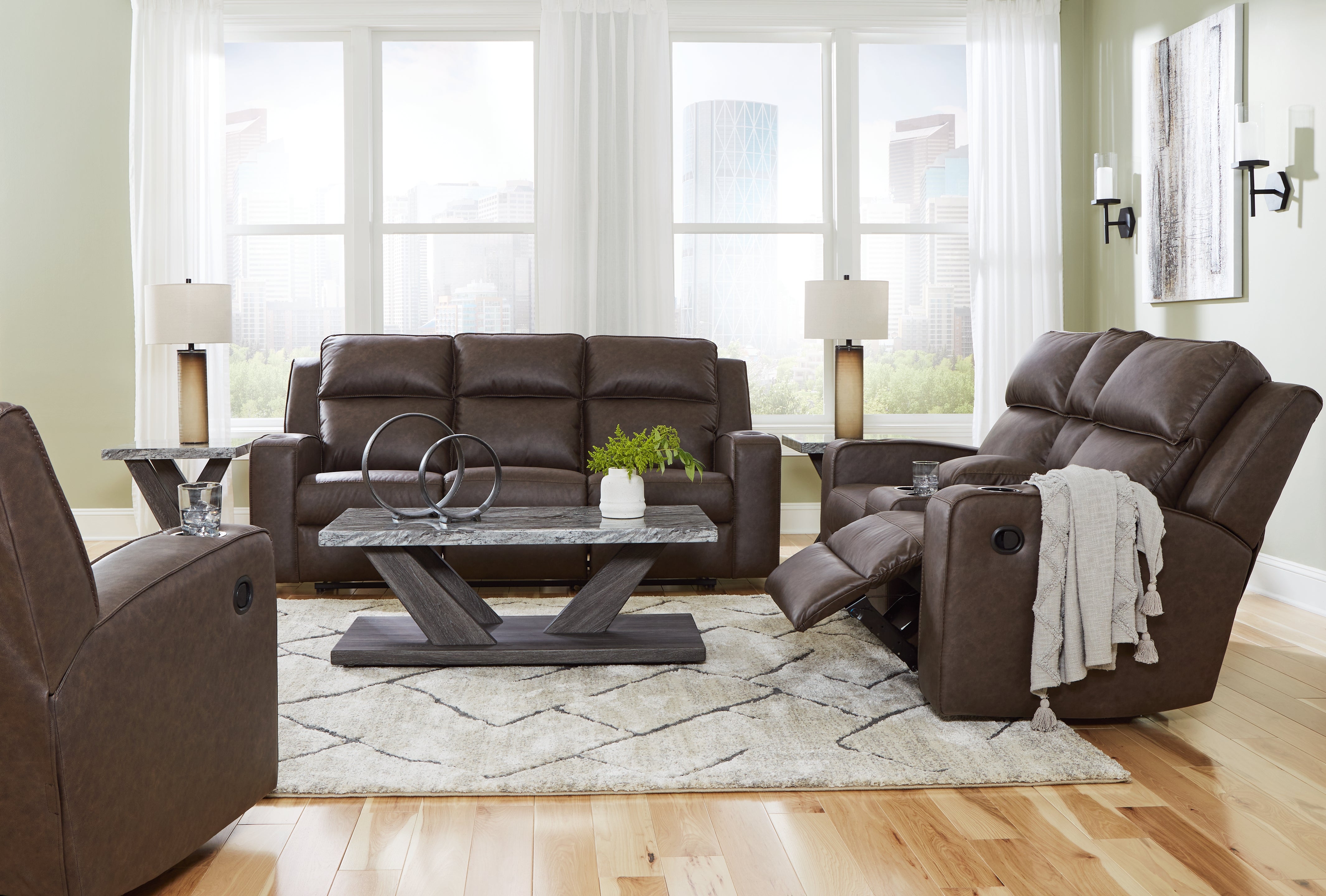 Best Furniture Outlet - Ashley Furniture - Lavenhorne Reclining Sofa, Loveseat and Recliner - Reclining Sofa, Loveseat and Recliner / Umber - 63306U2