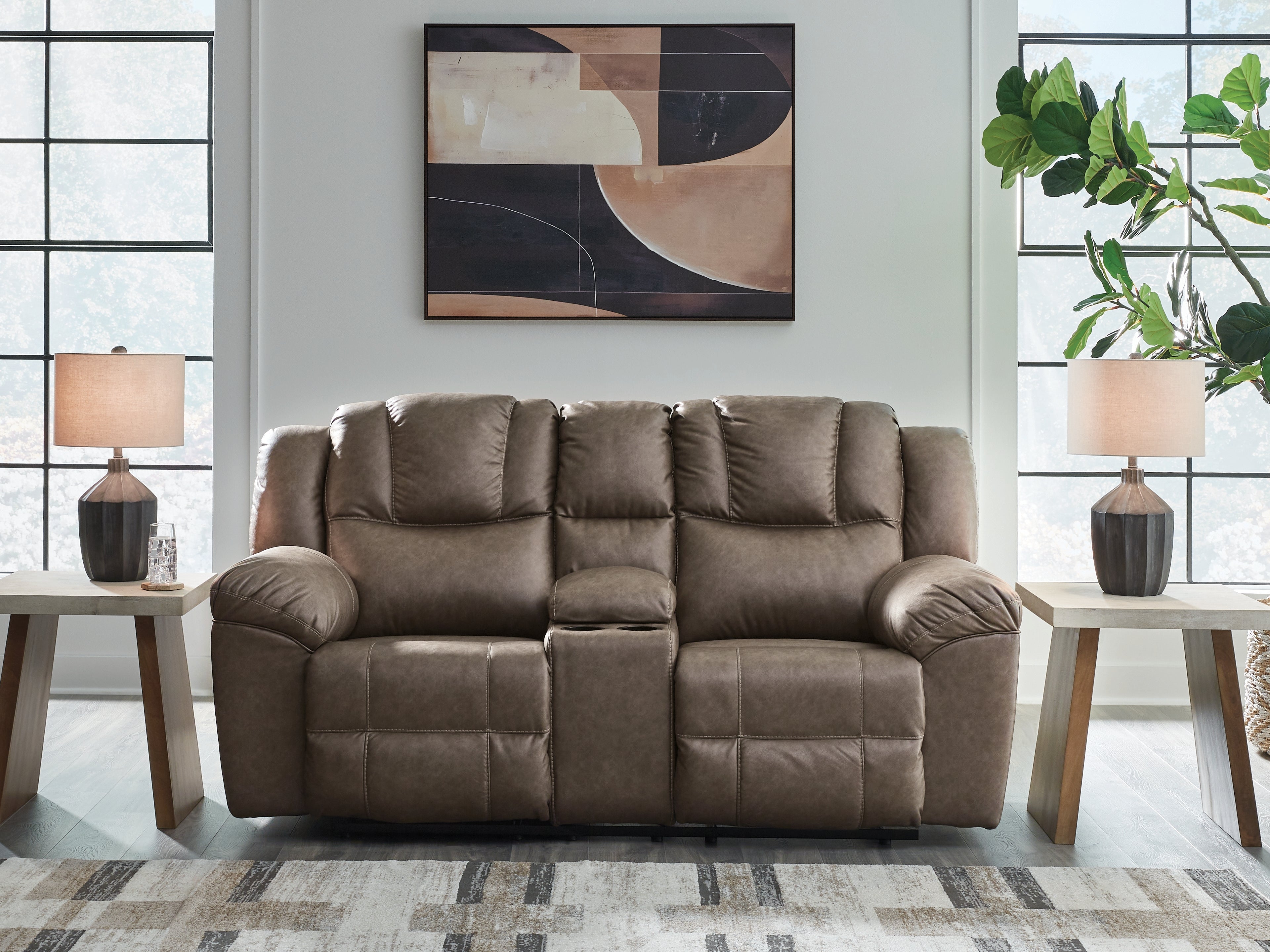 Best Furniture Outlet - Ashley Furniture - Lowilla Living Room - DBL Rec Loveseat w/Console / Driftwood - PC6450694