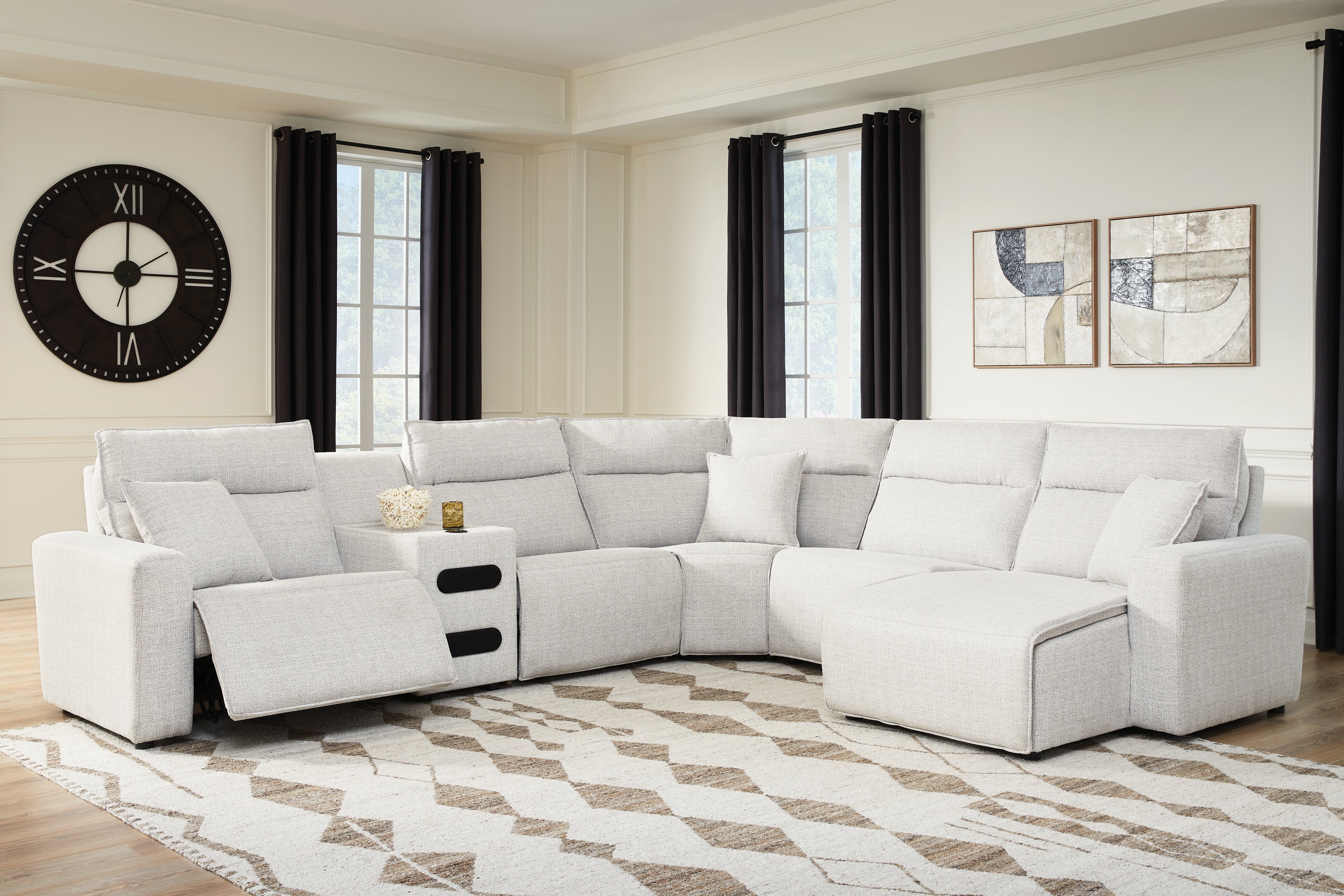 Best Furniture Outlet - Ashley Furniture - ModMax II Sectional - 6-Piece Reclining Sectional with Chaise and Audio Console / Stone - 65907S28