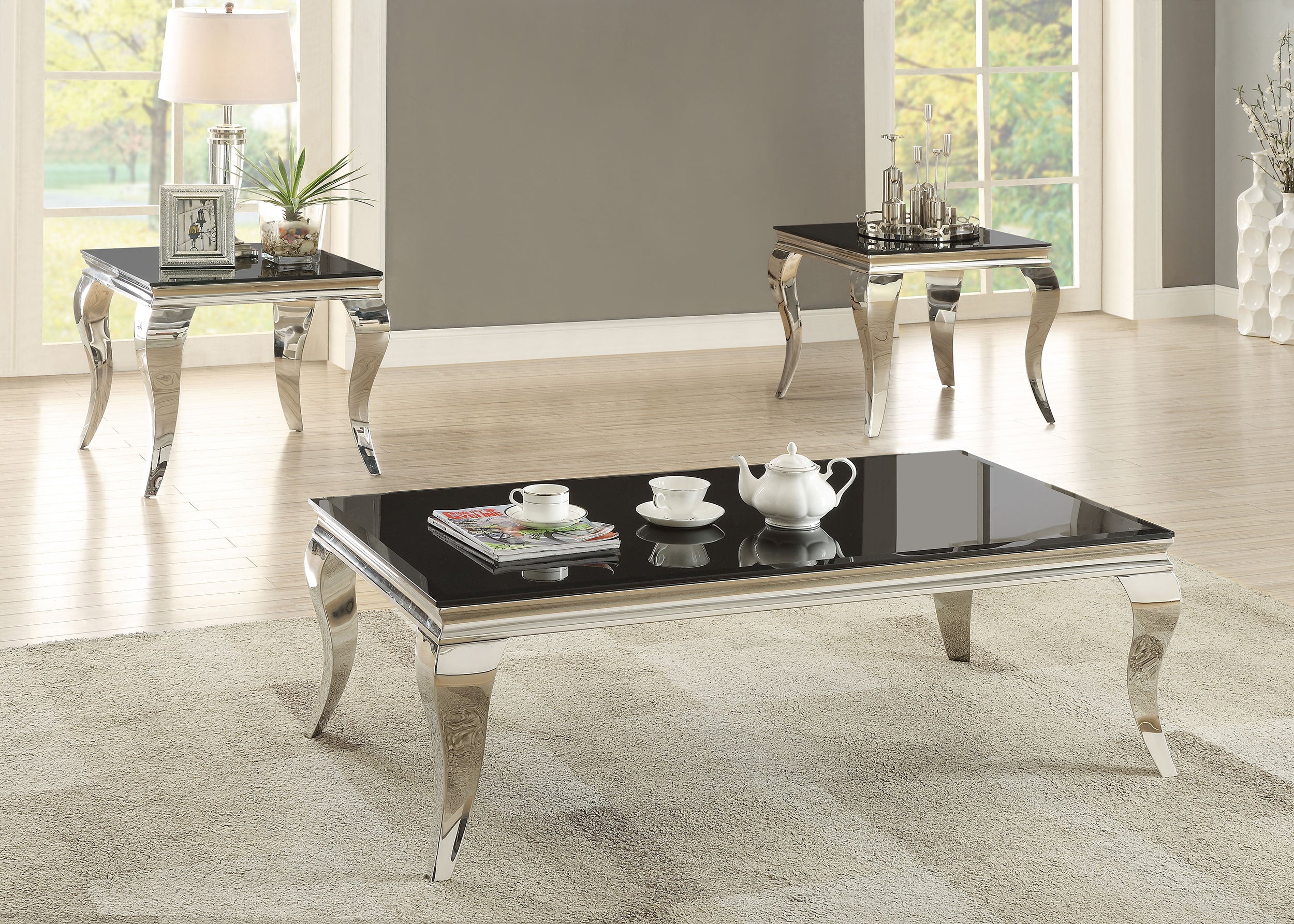 Best Furniture Outlet - Coaster - Carone 3-piece Glass Top Coffee and End Table Set Black - 705018-S3