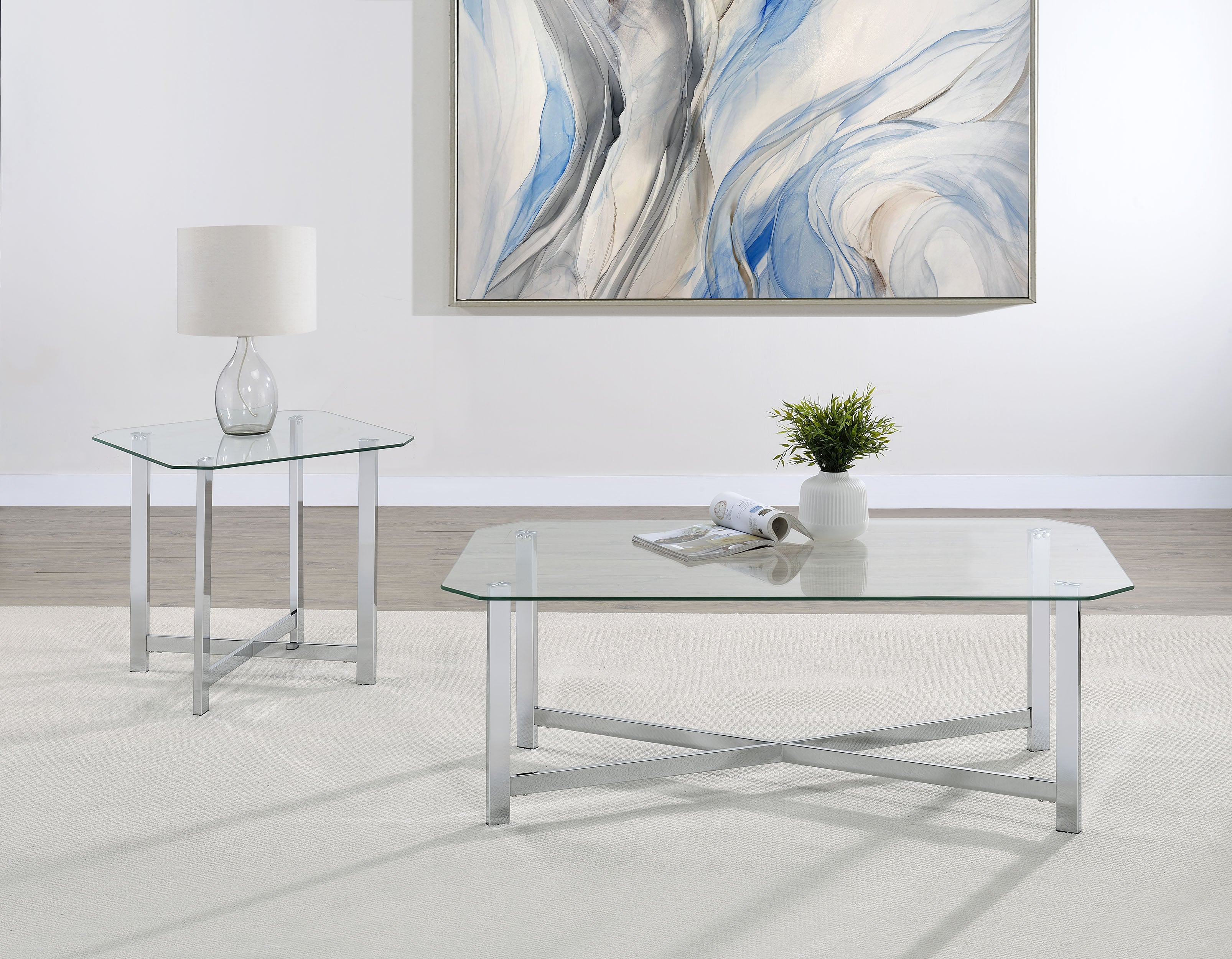 Best Furniture Outlet - Coaster - Cronin 2-piece Tempered Glass Top Coffee Table Set Chrome - 706568-S2