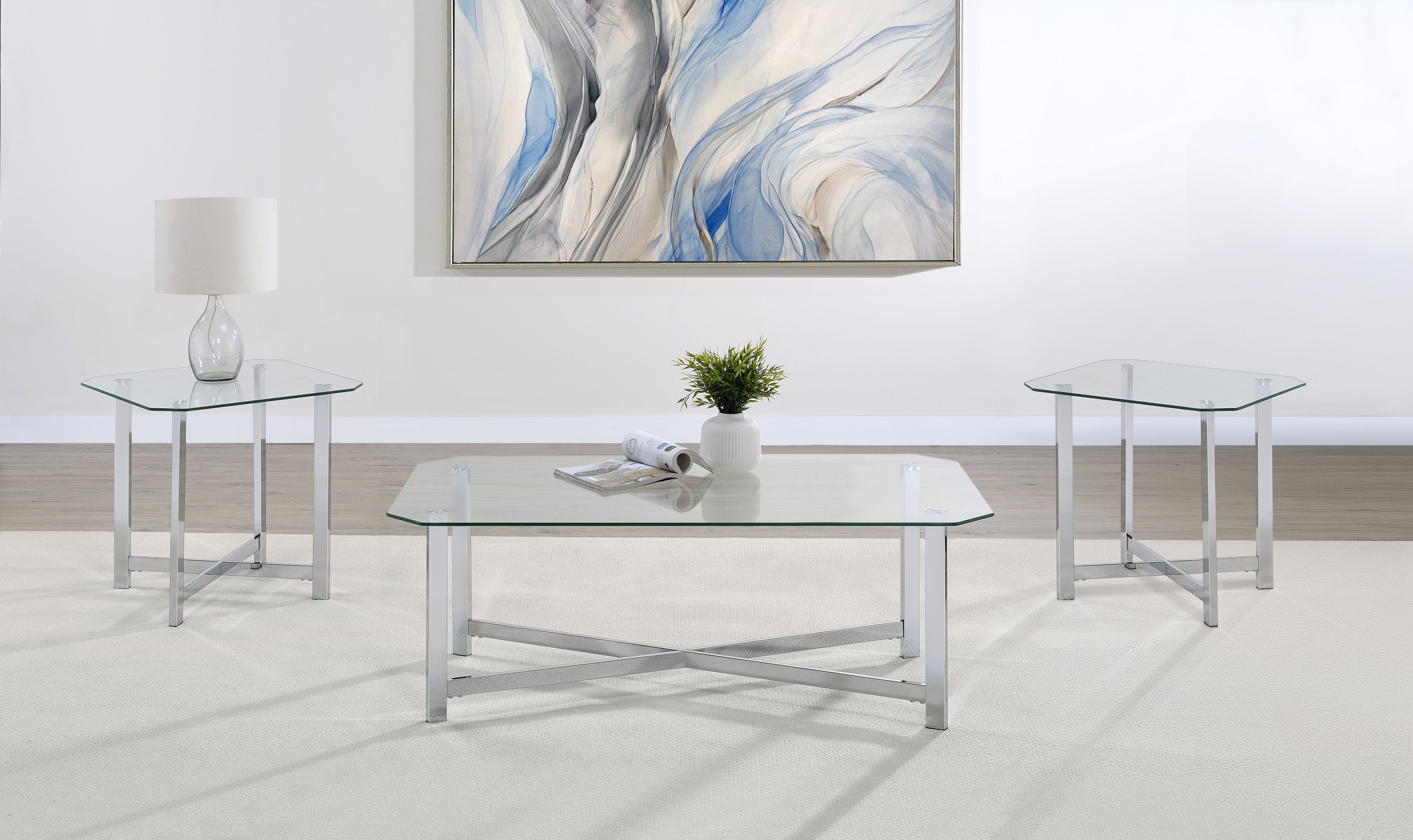 Best Furniture Outlet - Coaster - Cronin 3-piece Tempered Glass Top Coffee Table Set Chrome - 706568-S3