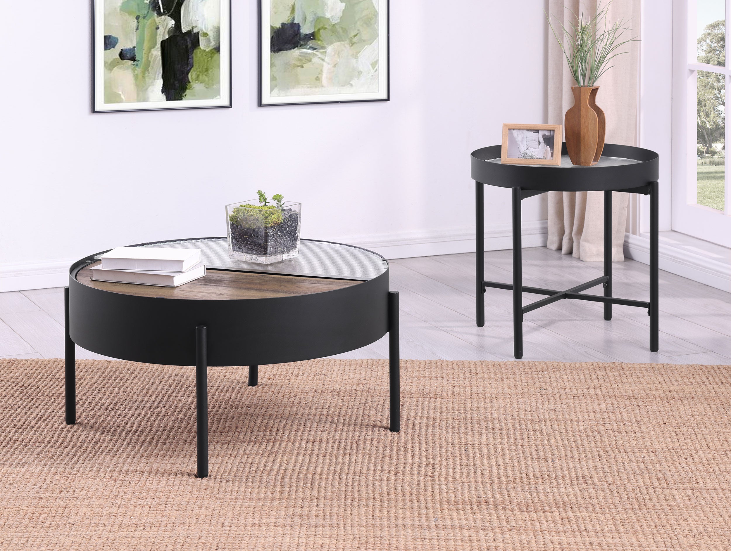Best Furniture Outlet - Coaster - Ozella 2-piece Round Coffee and End Table Set Sandy Black - 707898-S2