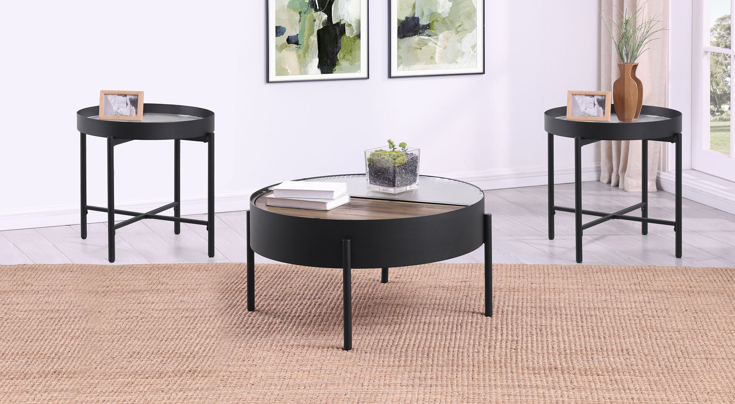 Best Furniture Outlet - Coaster - Ozella 3-piece Round Coffee and End Table Set Sandy Black - 707898-S3