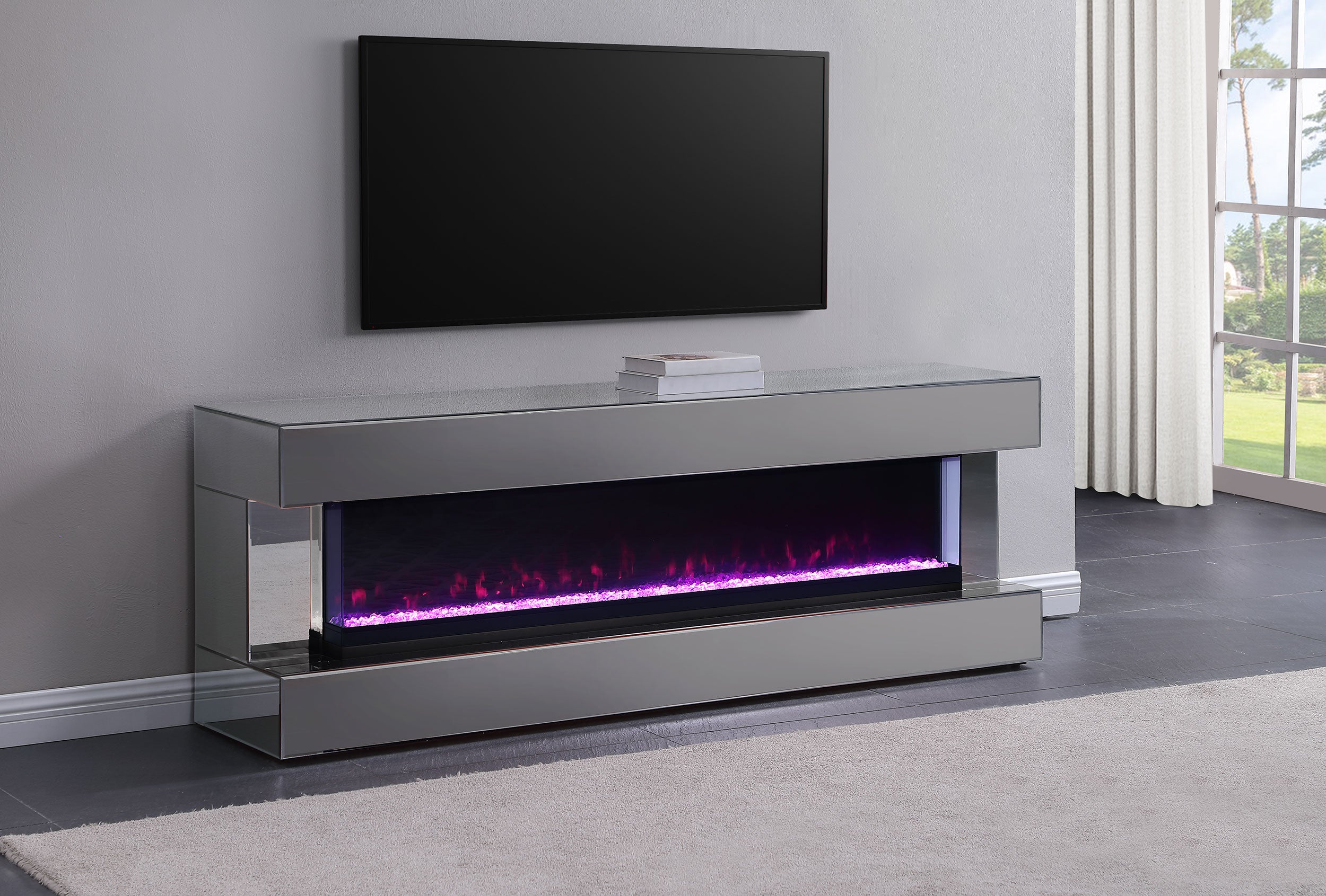 Best Furniture Outlet - Coaster - Vallerie 71-inch TV Stand with Visual Flame Box Grey Mirror - 710021