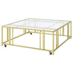 Adri Square Glass Top Coffee Table with Casters Matte Brass