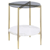 Best Furniture Outlet - Coaster - Jonelle Round Glass Top End Table White Marble Shelf Gold - 710337