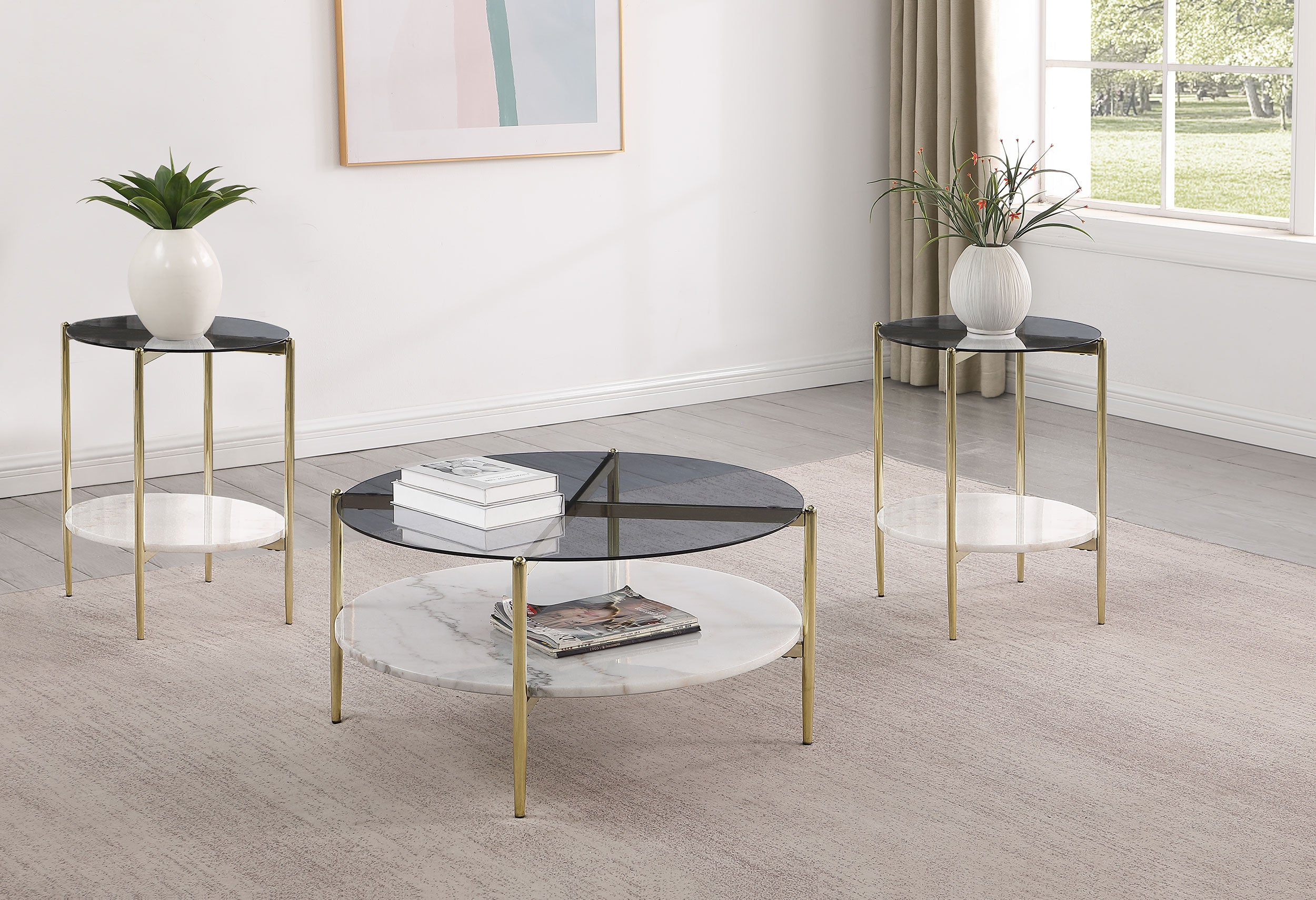 Best Furniture Outlet - Coaster - Jonelle 3-piece Round Coffee and End Table Set Gold - 710338-S3