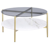 Best Furniture Outlet - Coaster - Jonelle Round Glass Top Coffee Table White Marble Shelf Gold - 710338