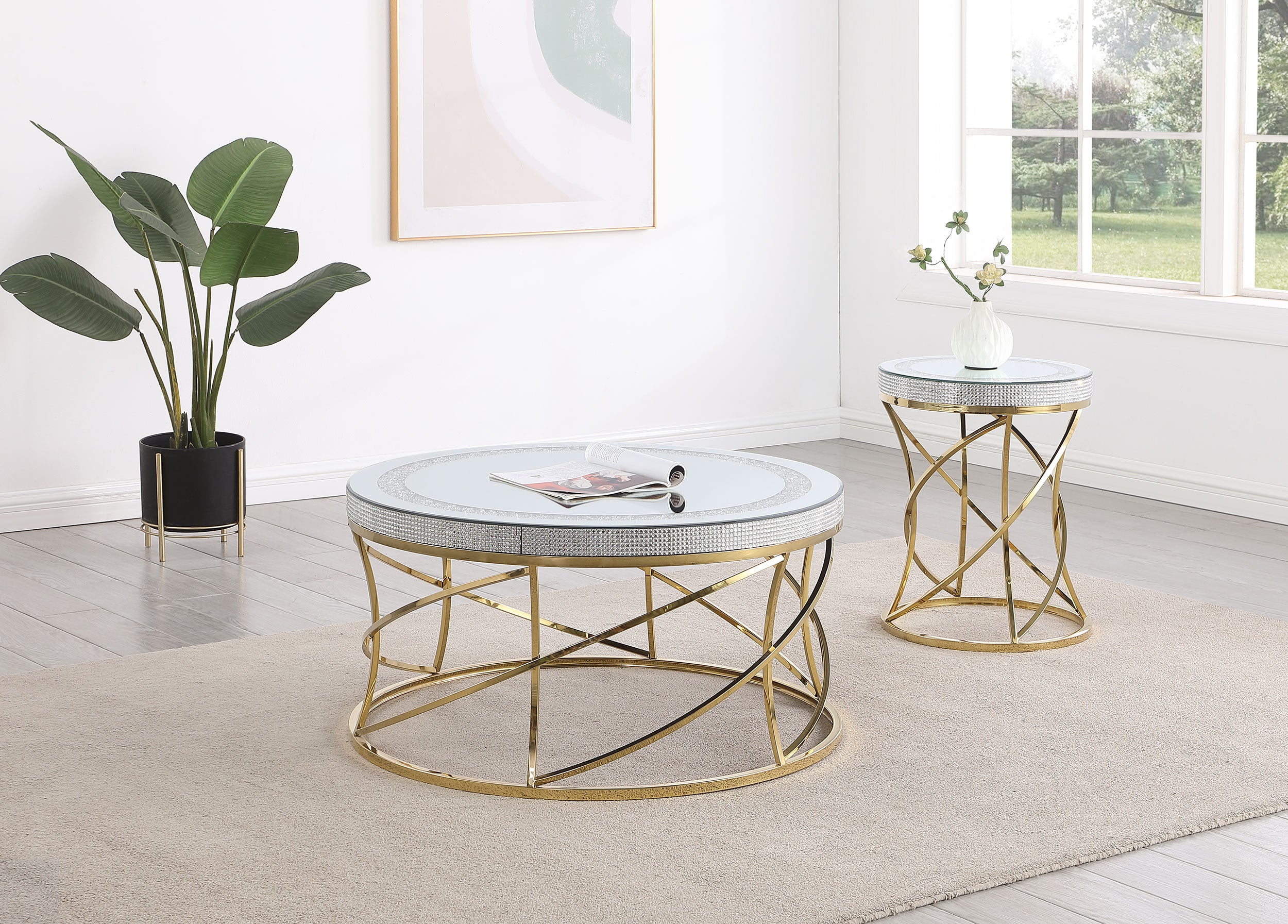 Best Furniture Outlet - Coaster - Elise 2-piece Round Mirror Top Coffee and End Table Set Gold - 710368-S2