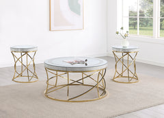 Best Furniture Outlet - Coaster - Elise 3-piece Round Mirror Top Coffee and End Table Set Gold - 710368-S3