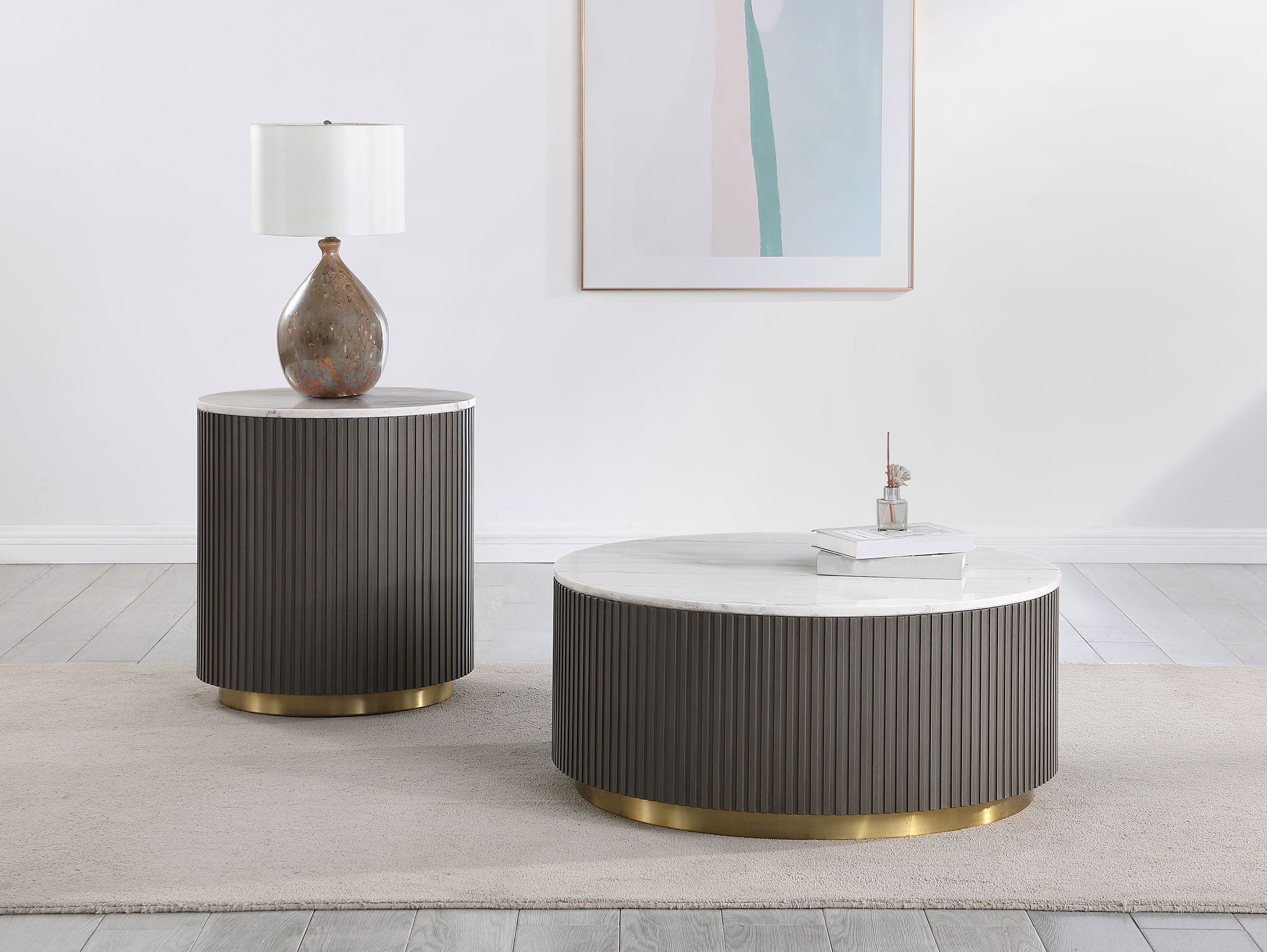Best Furniture Outlet - Coaster - Jason 2-piece Round White Marble Coffee Table Set Charcoal - 710418-S2