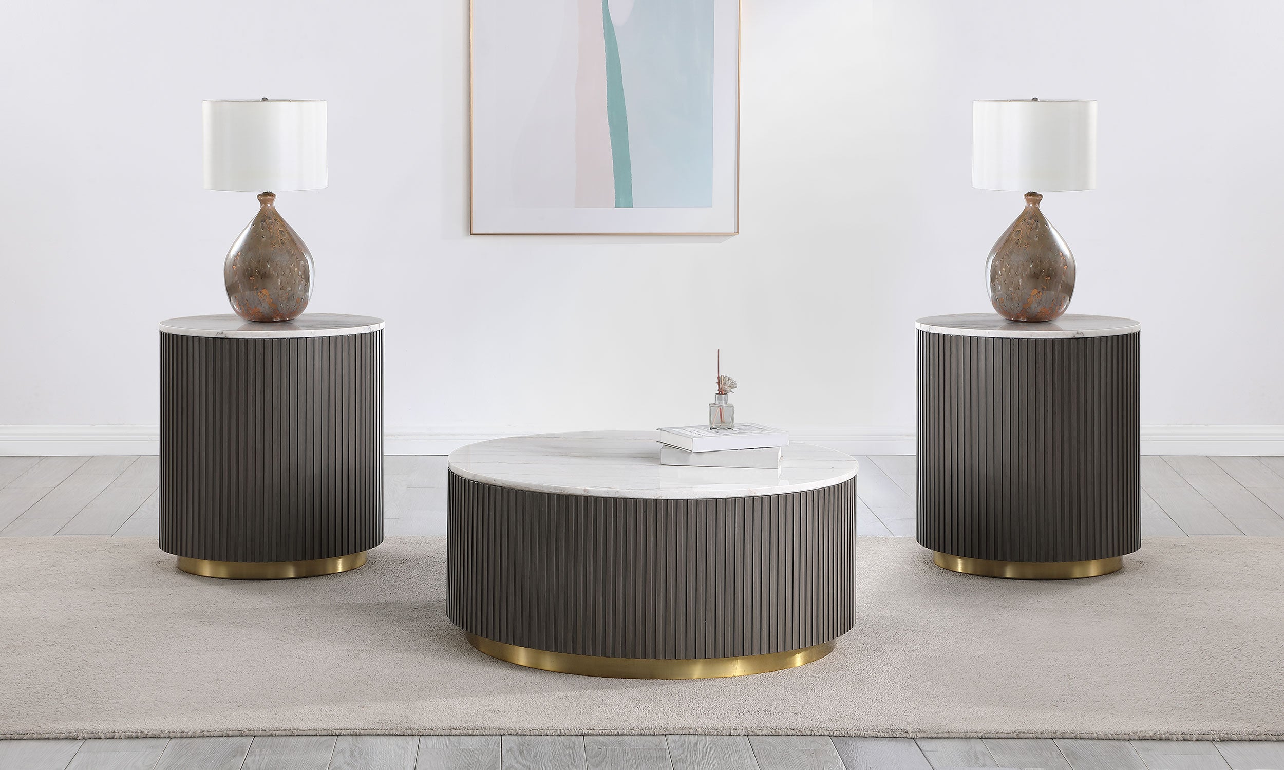 Best Furniture Outlet - Coaster - Jason 3-piece Round White Marble Coffee Table Set Charcoal - 710418-S3