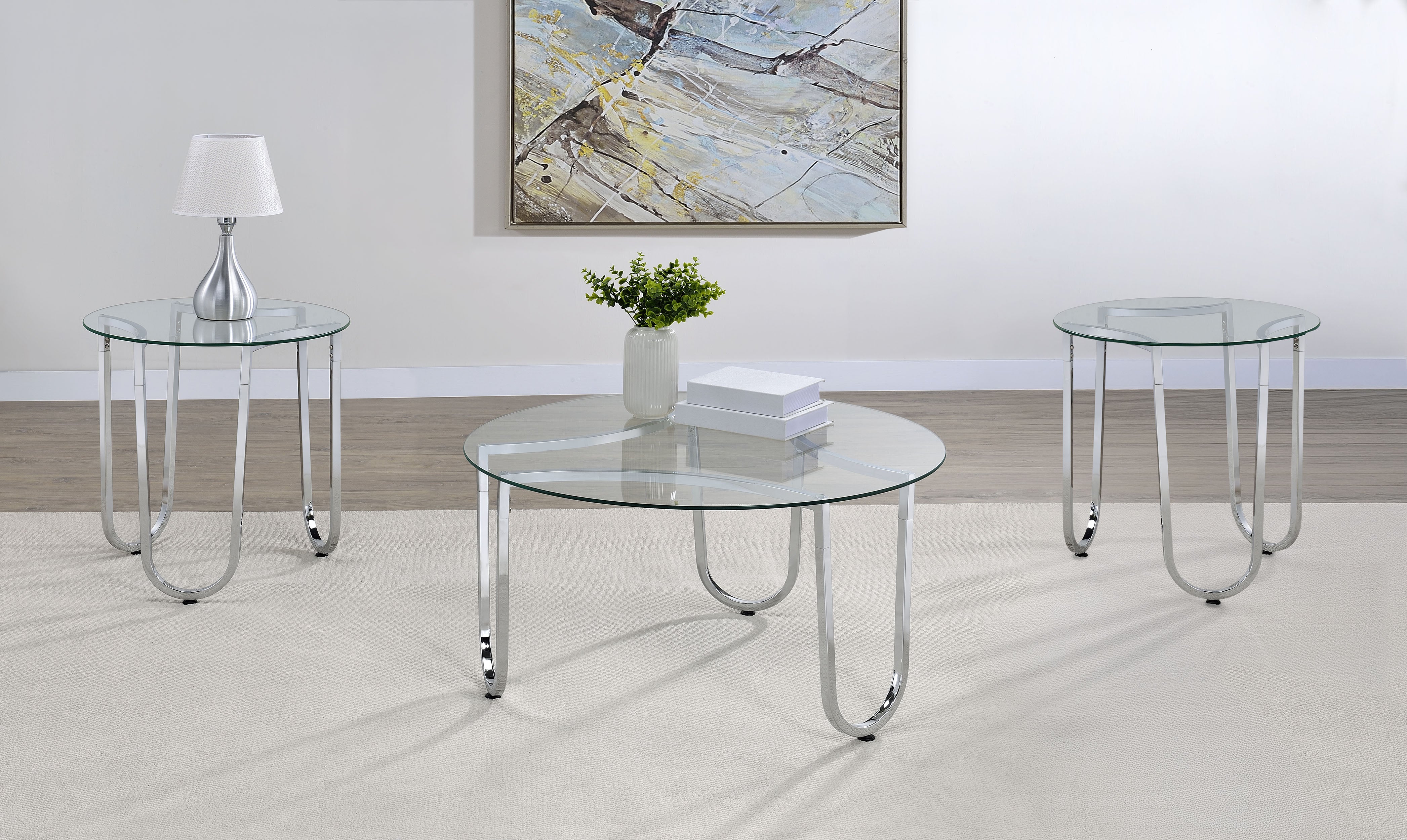 Best Furniture Outlet - Coaster - Beller 3-piece Round Tempered Glass Top Coffee Table Set Chrome - 710908-S3