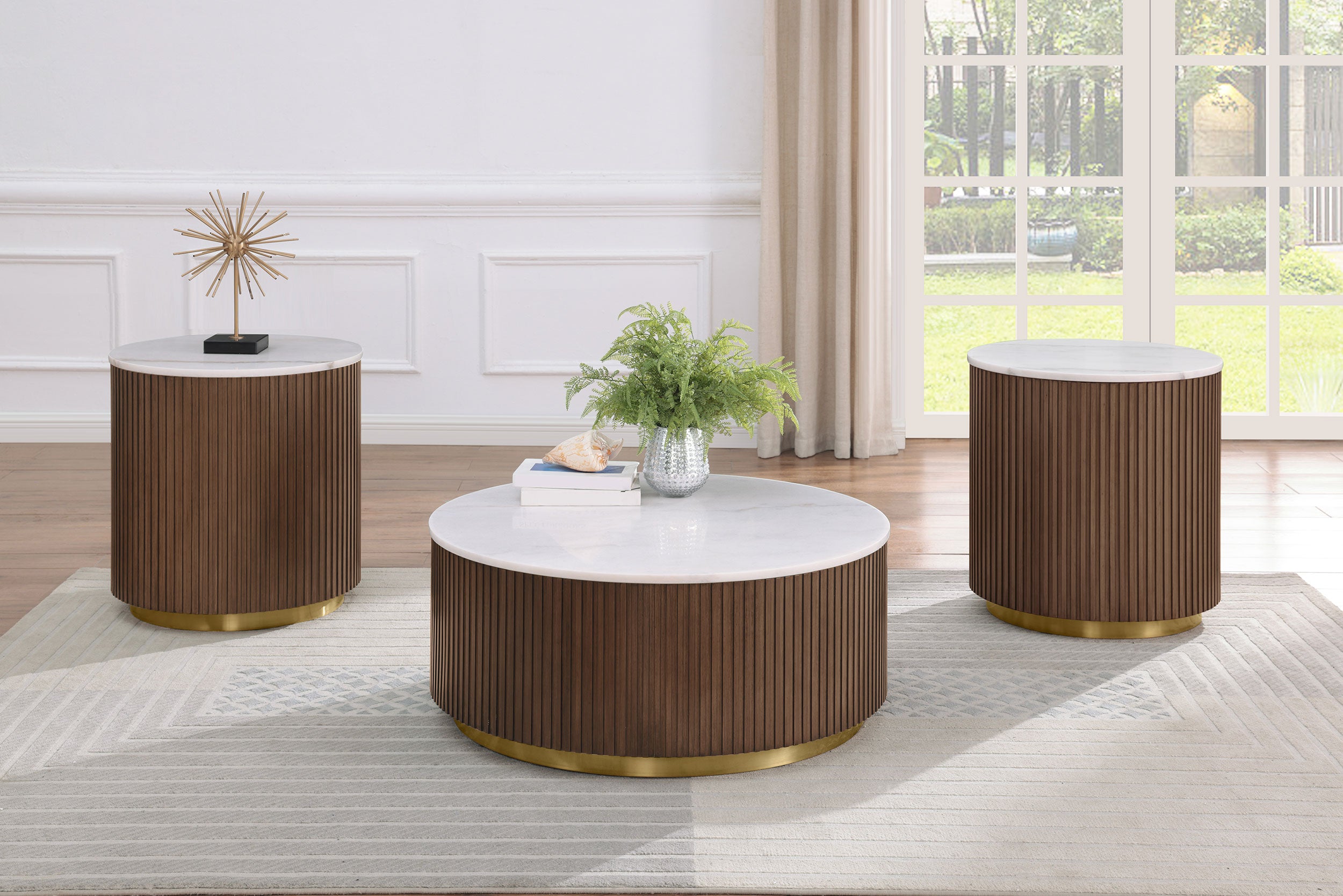 Best Furniture Outlet - Coaster - Jason 3-piece Round White Marble Coffee Table Set Honey Brown - 712418-S3