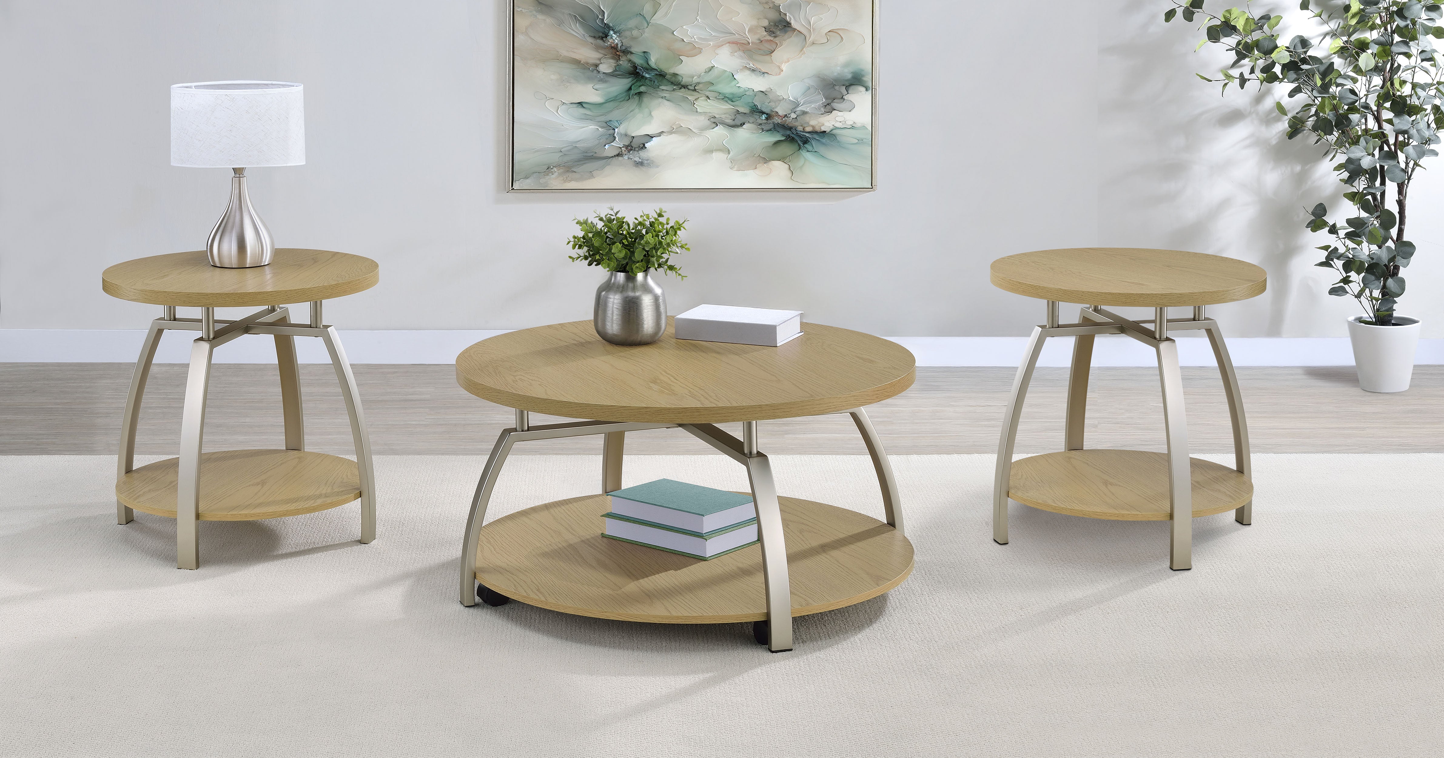 Best Furniture Outlet - Coaster - Dacre 3-piece Round Coffee and End Table Set Greige - 720318-S3