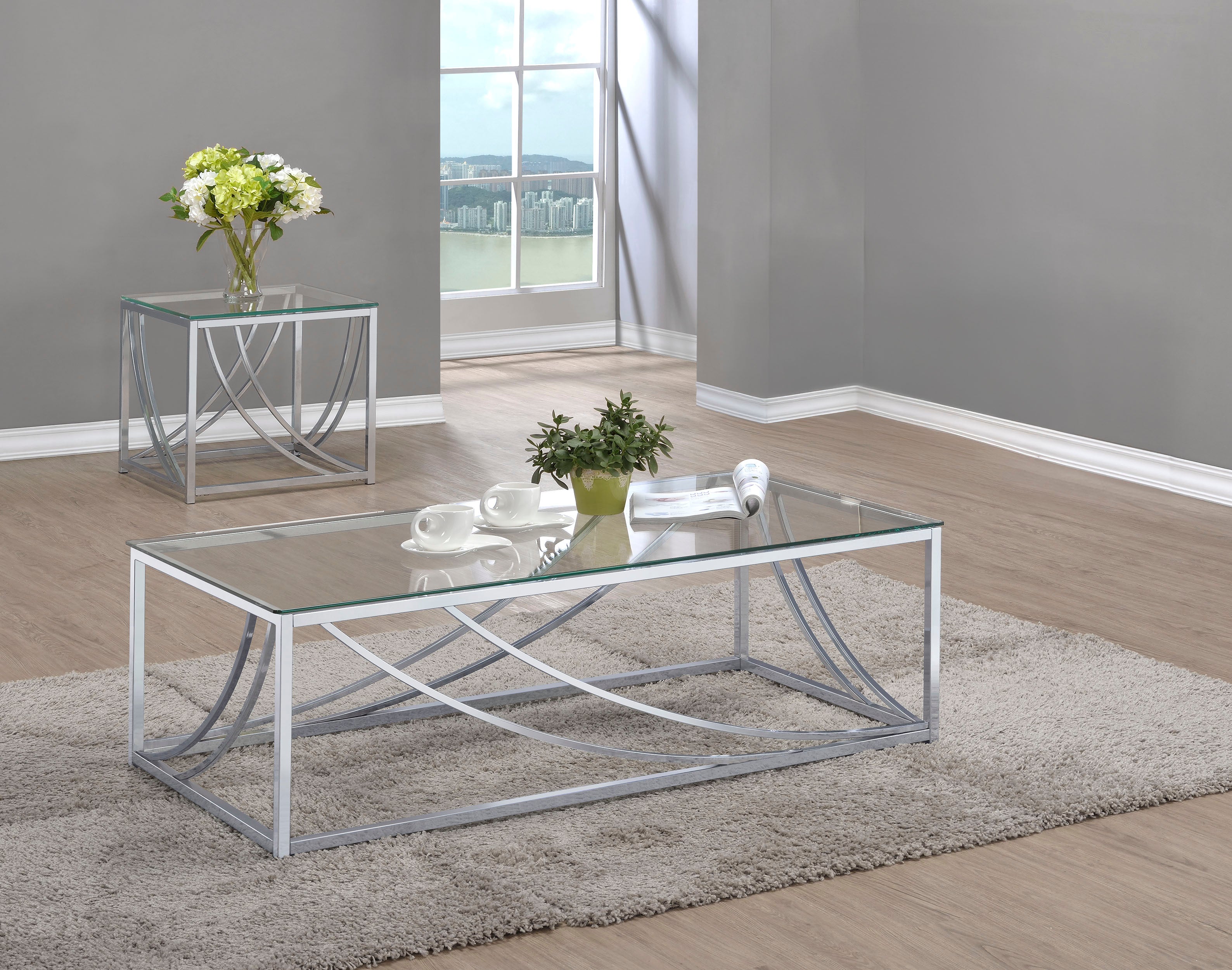Best Furniture Outlet - Coaster - Lille 2-piece Glass Top Coffee And End Table Set Chrome - 720498-S2
