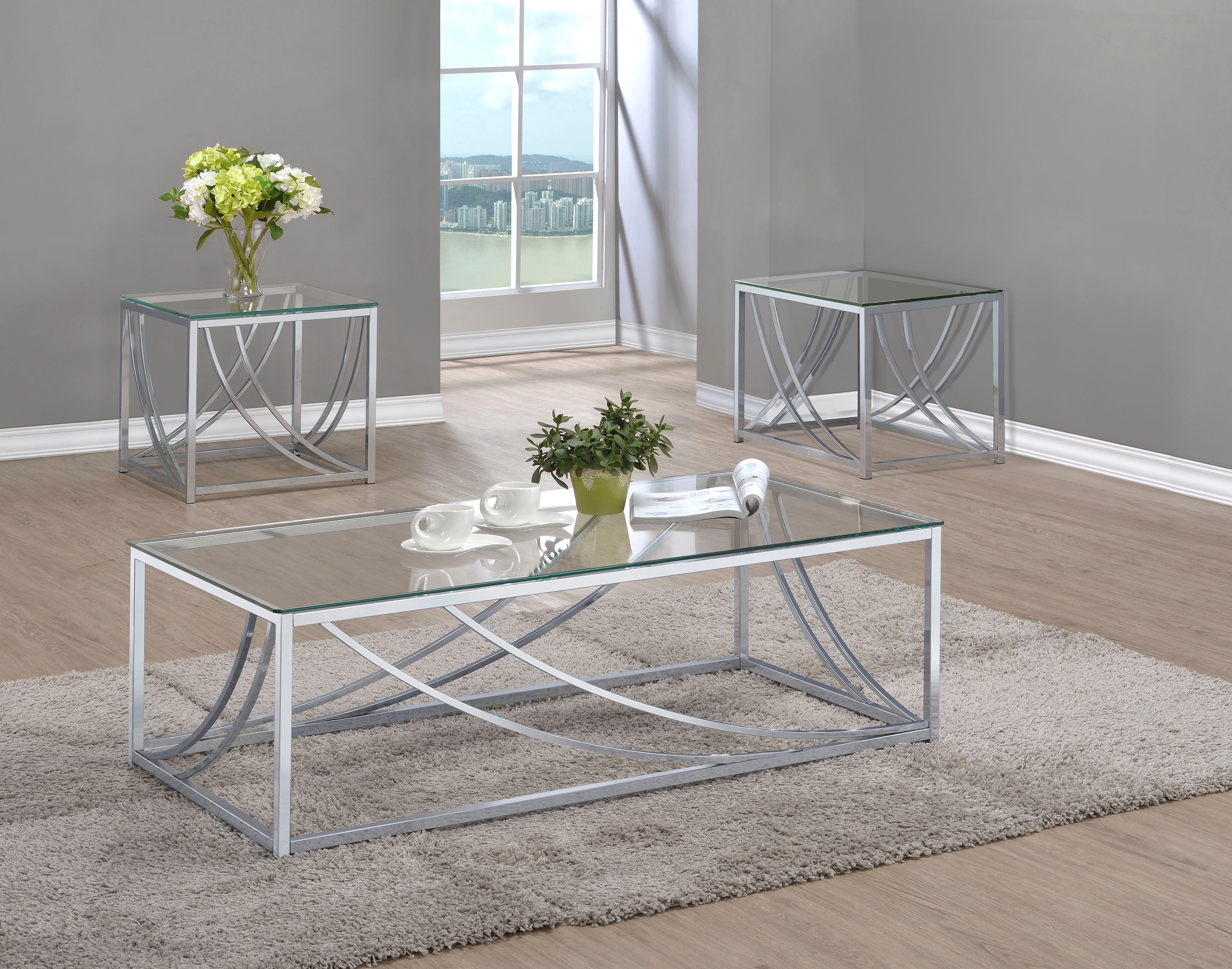 Best Furniture Outlet - Coaster - Lille 3-piece Glass Top Coffee And End Table Set Chrome - 720498-S3