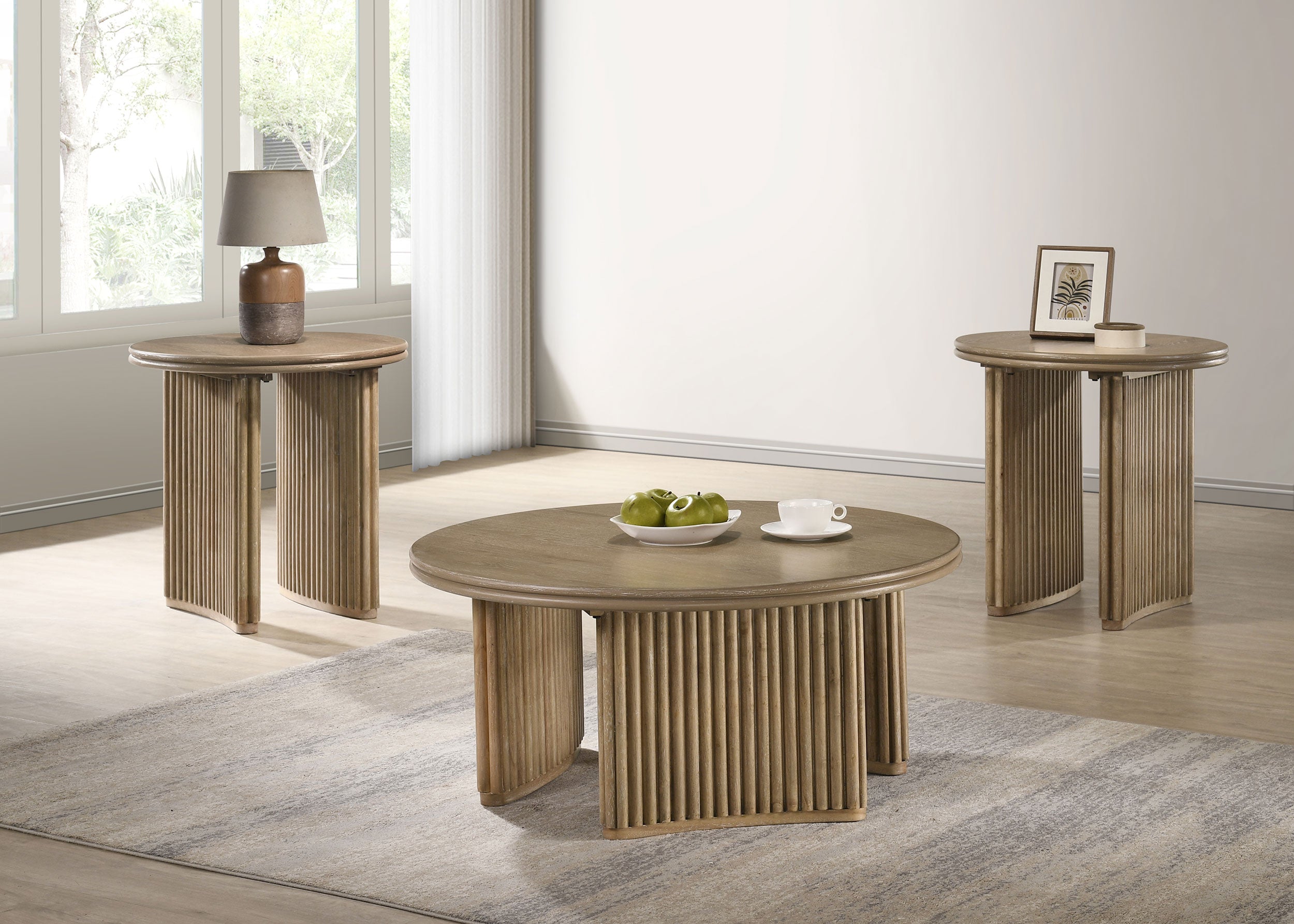 Best Furniture Outlet - Coaster - Adina 3-piece Round Coffee Table Set Distressed Light Brown - 722938-S3