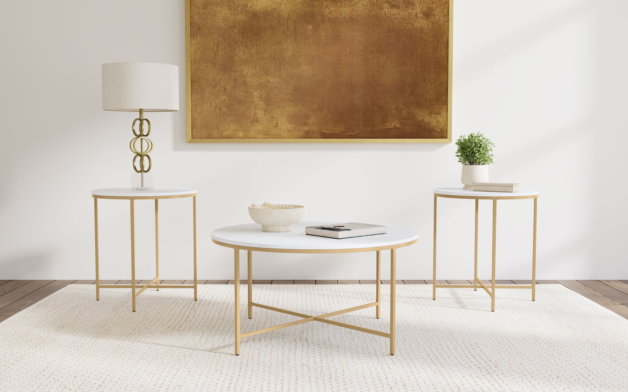 Best Furniture Outlet - Coaster - Ellison 3-piece Round Marble Coffee and End Table Set White - 723208-S3