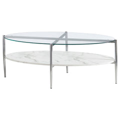 Best Furniture Outlet - Coaster - Cadee Oval Glass Top Coffee Table White and Chrome - 723278