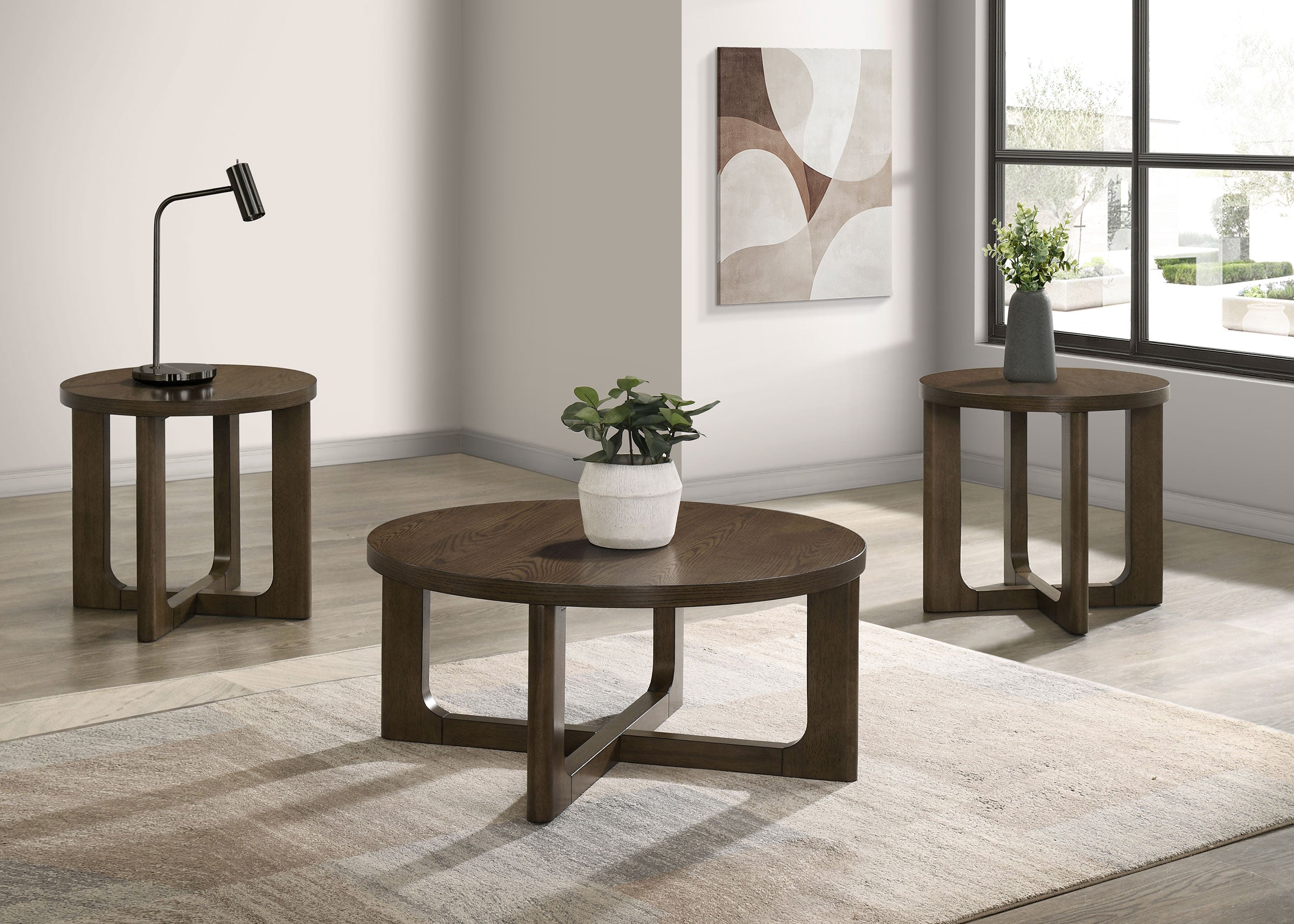 Best Furniture Outlet - Coaster - Kessler 3-piece Round Sculptural Wood Coffee Table Set Brown - 735998-S3
